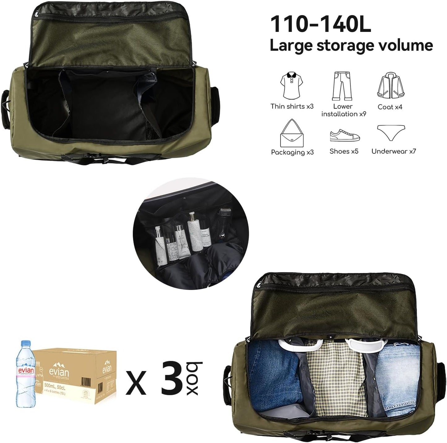 32” 1680D Oxford Foldable Duffle Bag with 2 Wheels,110L to 140L Expandable Soft Sided Rolling Travel Bag,Army Green