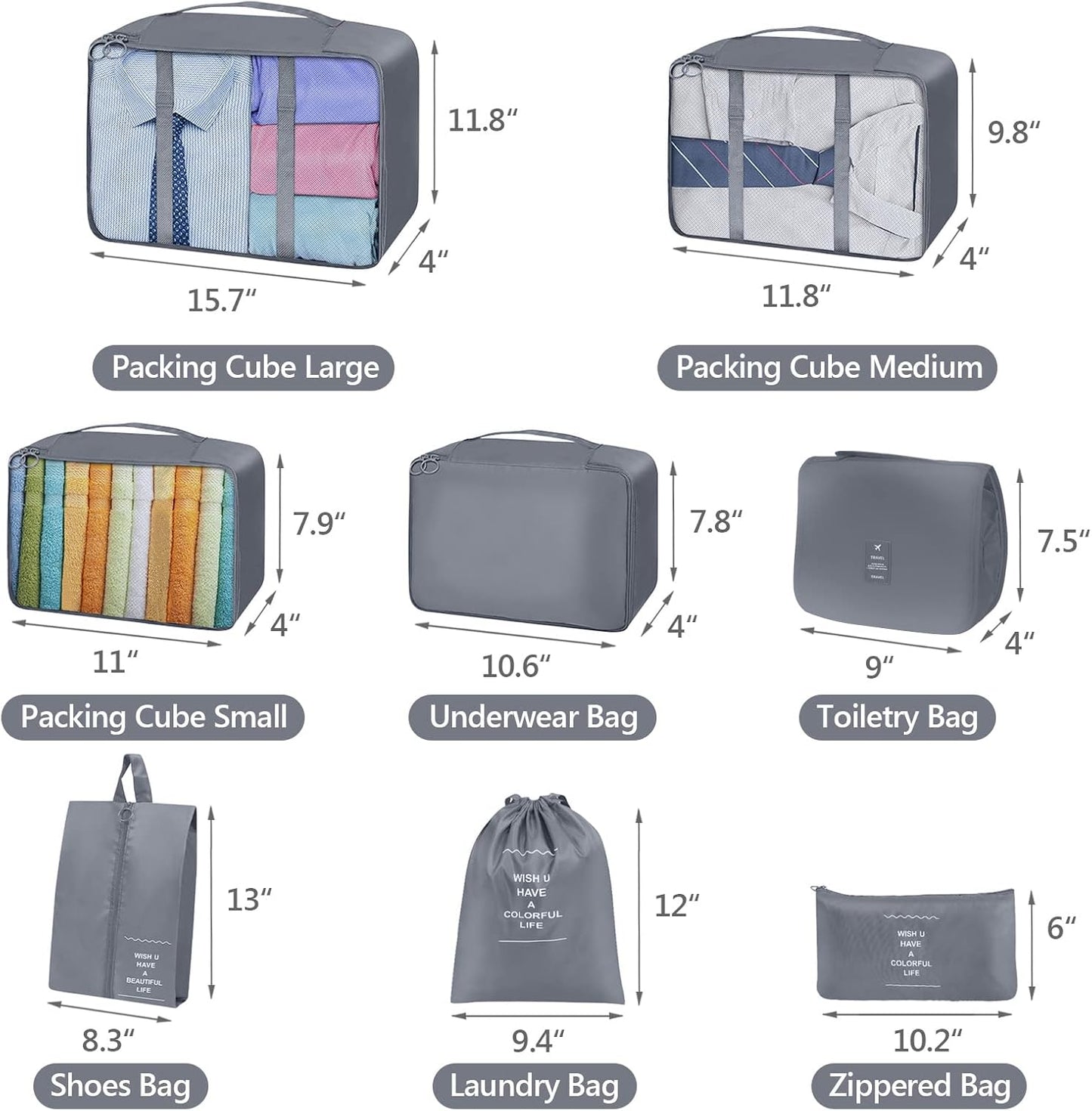 8 Set Packing Cubes, Travel Luggage Packing Organizers (GREY)