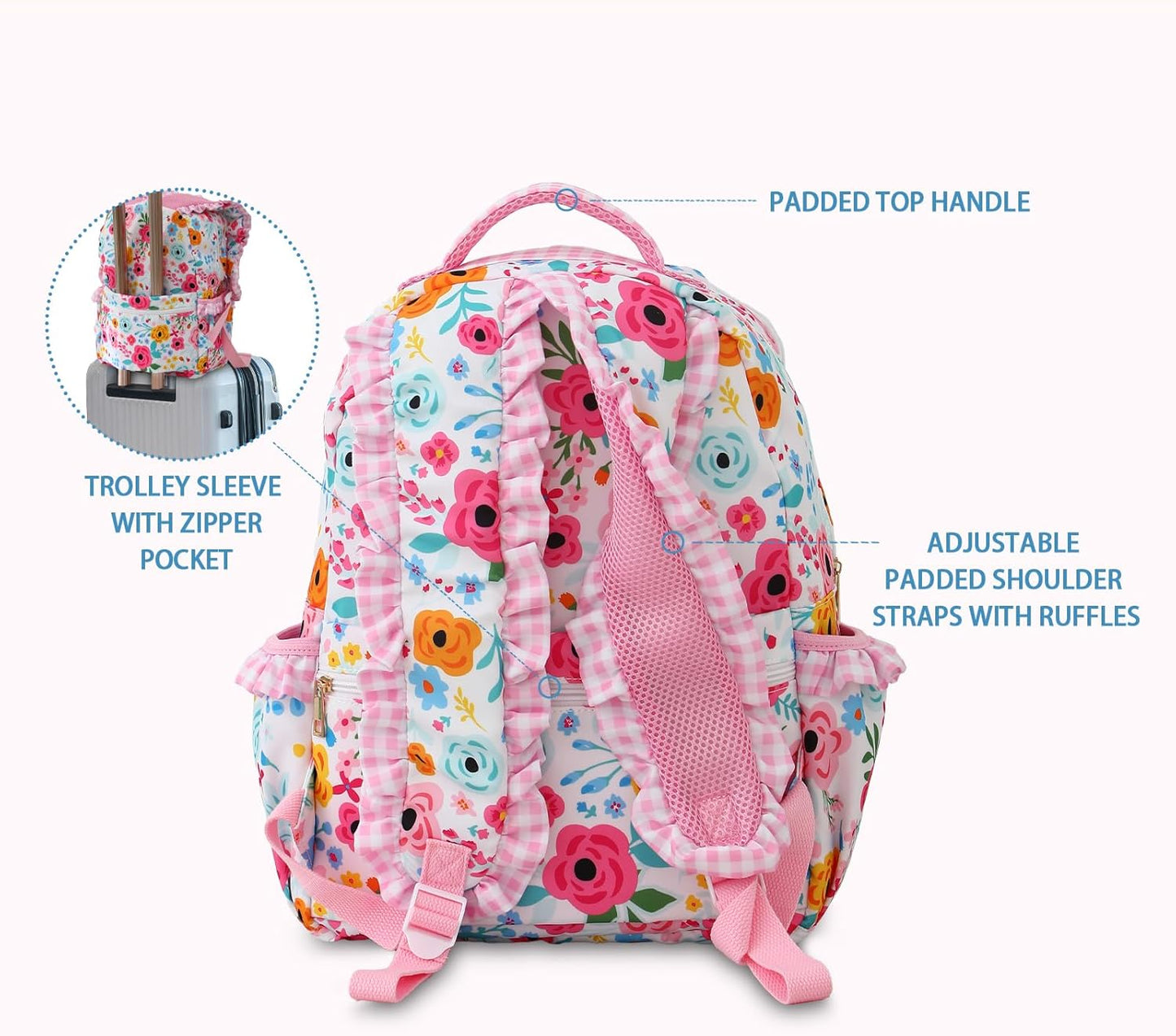 DYSHAYEN Kids Backpack for Girls, 15" Ruffled Backpack for School Kindergarten Bookbag 5-8, Fully Opened Compartment (Flower)