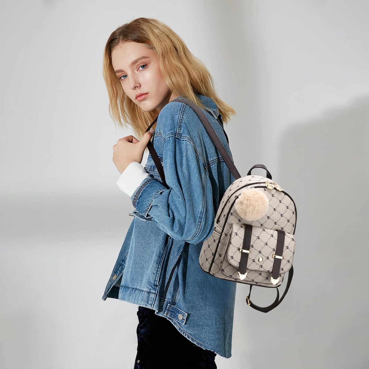 I IHAYNER Girls Fashion Backpack Mini Backpack Purse for Women Teenage Girls Purses PU Leather Pompom Backpack Shoulder Bag
