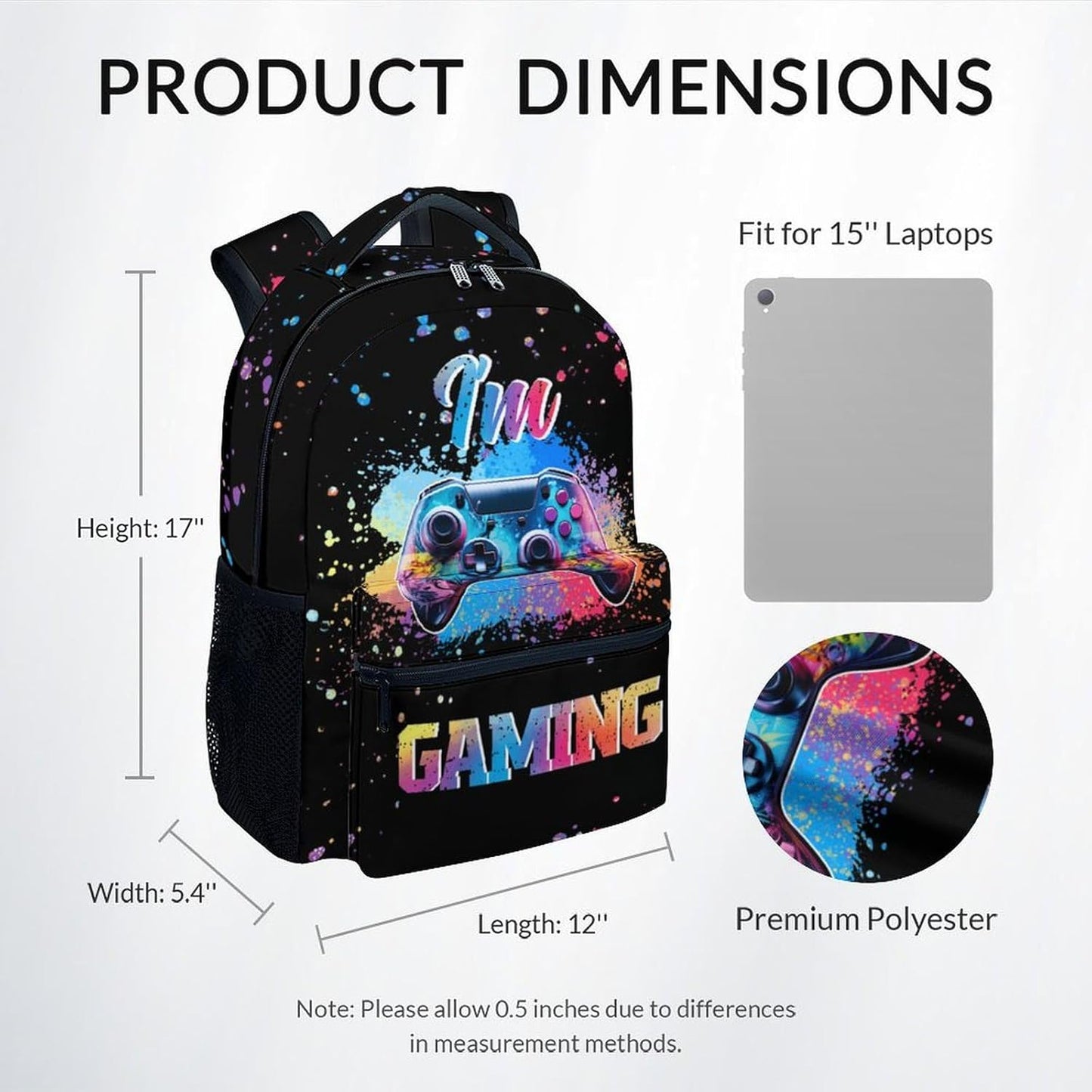 COZYAURA Kids School Backpack - 17 Inch Video Game Bookbag for Boys - Durable Black Gaming School Bag for Elementary & Travel