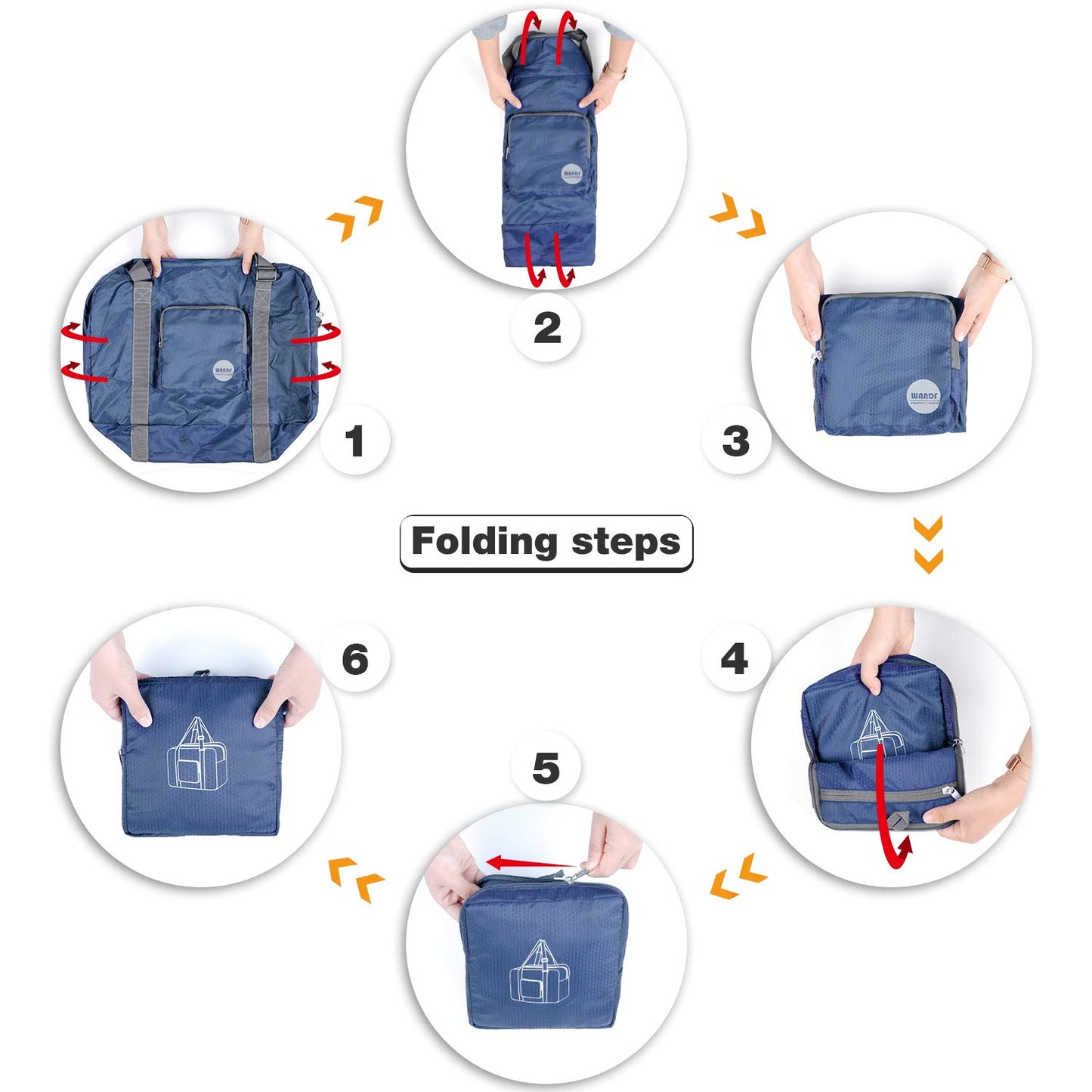 WANDF Foldable Travel Duffel Bag Luggage Sports Gym Water Resistant Nylon (Navy Blue)