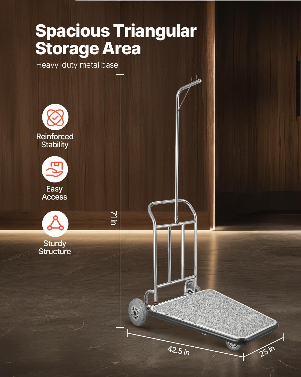 VEVOR Luggage Cart, 600 LBS Load Capacity, 3 Wheel Stainless Steel Bellman Cart, Valet Kart with Grey Carpeted Deck and Rubber Wheels, Ideal for Convention Centers, Hotels, Rental Properties, Silver