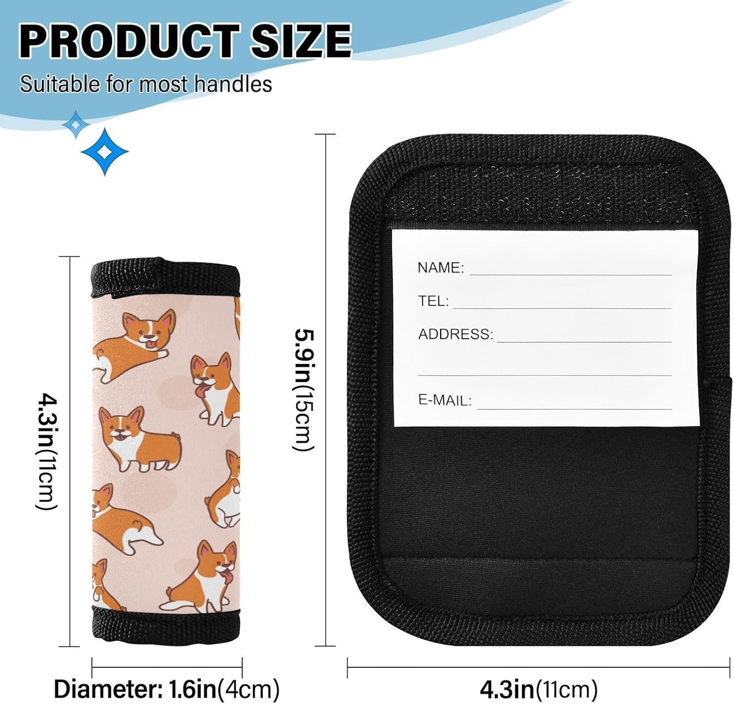 Cute Corgi 2 Pack Luggage Handle Wrap for Suitcase Luggage Identifier Travel Tags Handle Protection Sleeve Cover