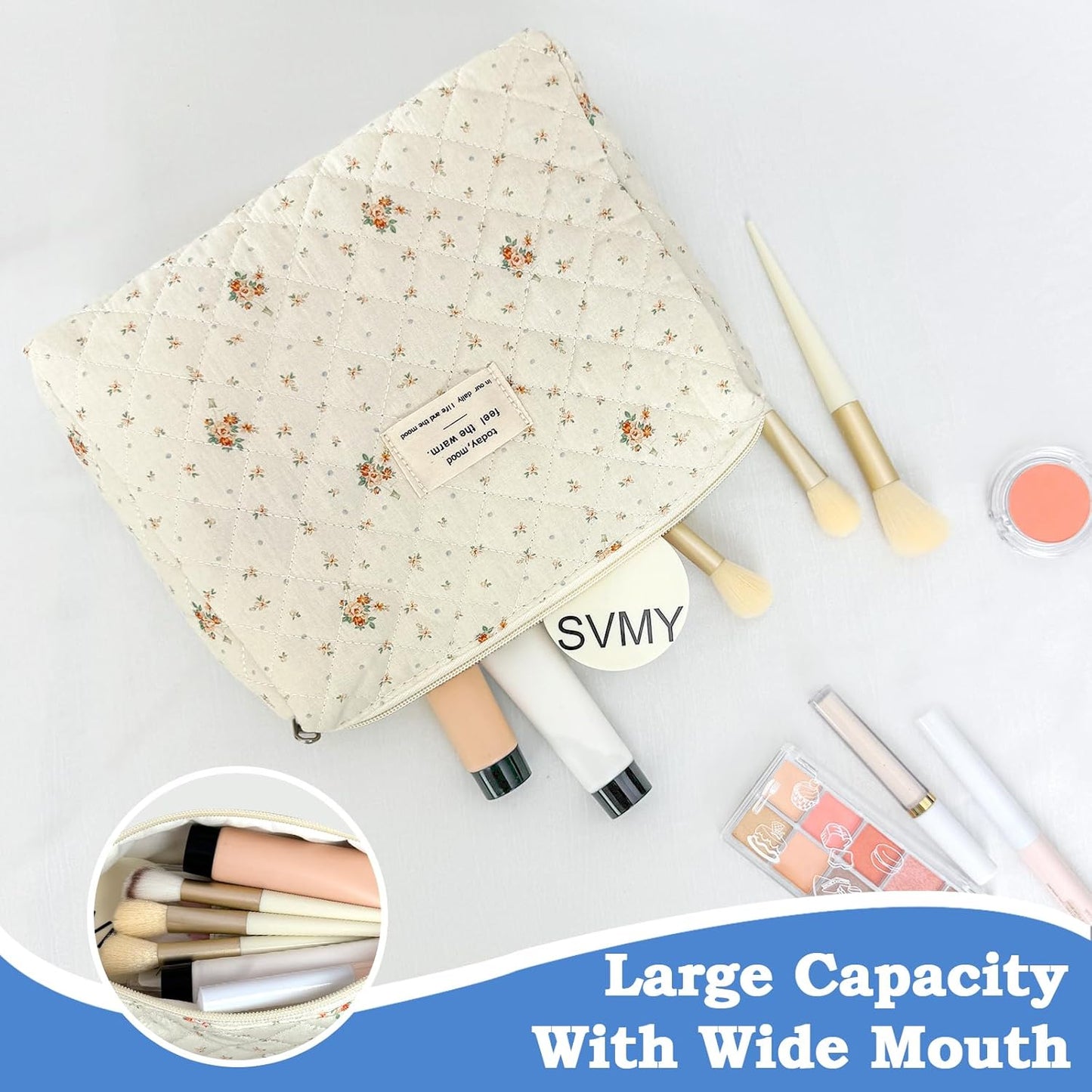 Quilted Makeup Bag, Cute Floral Makeup Bag Portable Cotton Cosmetic Tote Bags for Women Ladies Medium Girls Purse Pouch Toiletry Bag