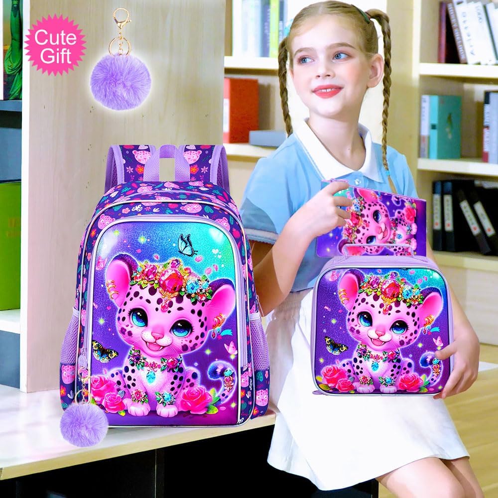3Pcs Girls Backpack, 16" Kids Bookbag with Lunch Box，Leopard School Backpacks for Elementary Preschool Kindergarten (Purple)