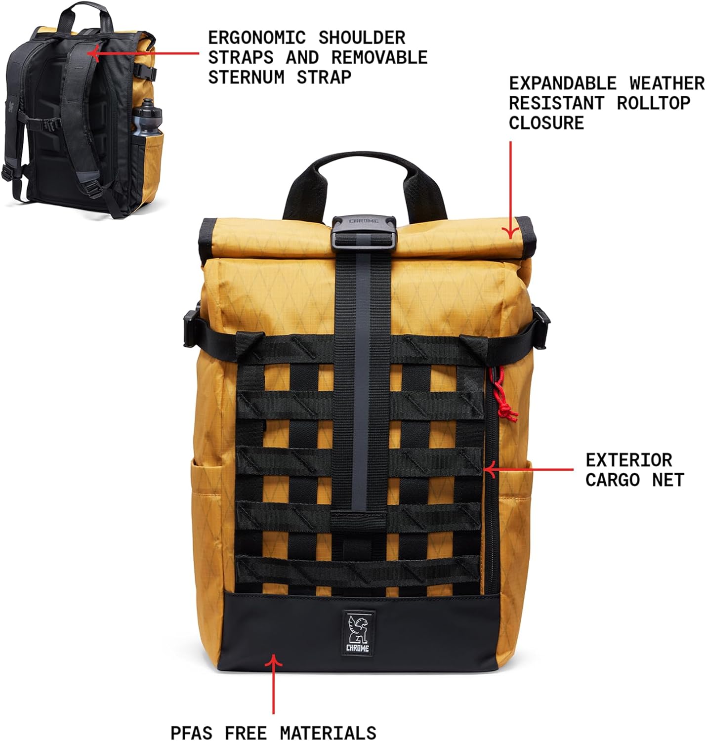 Chrome Industries Barrage 18L Amber X Roll-Top Backpack – Water Resistant Bag for Work, School, Travel – Features Cargo Net & Laptop Pocket