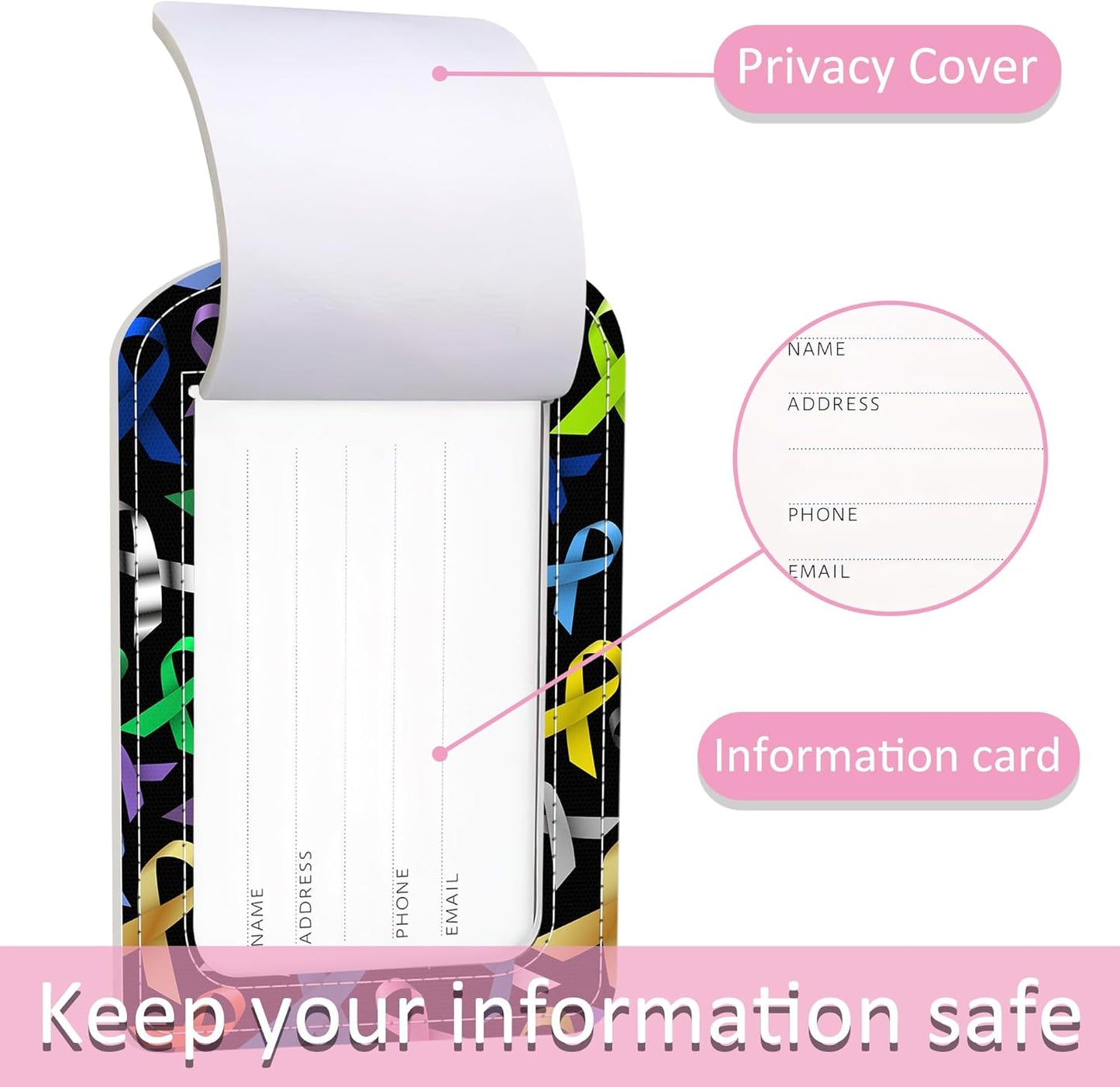 2 Pack Pink Ribbons Luggage Tag for Suitcase,Shiny Ribbons PU Leather Suitcase Tags Identifiers with Privacy Name Address Labels and Steel Loop for Women Men Travel