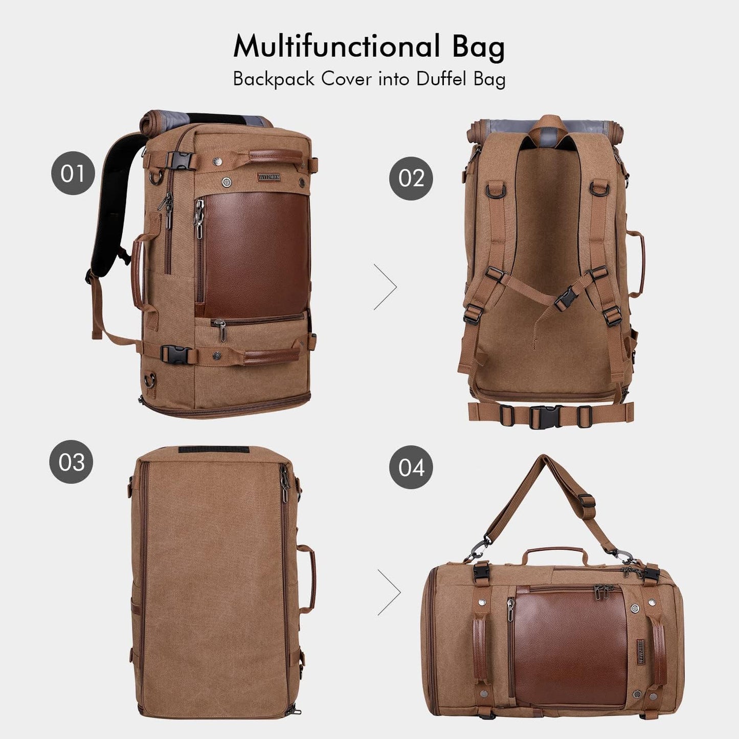 WITZMAN Travel Backpack for Men Women Carry on Luggage Backpack Canvas Rucksack Duffel bag with Shoe Compartment（A2021 big size brown）