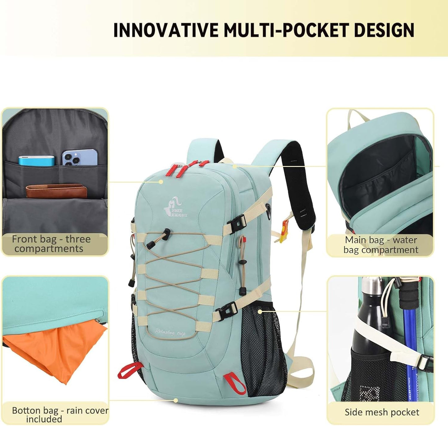 Bseash 40L Waterproof Hiking Camping Backpack with Rain Cover, Outdoor Sport Travel Bag Daypack for Climbing Skiing Cycling (Khaki)