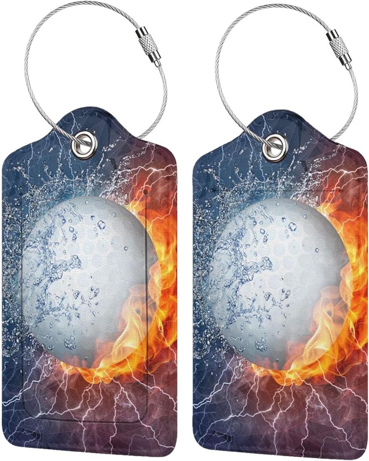 2 Packs Golf Luggage Tags for Men Boys, Sport Luggage Tags for Suitcases, Cool Leather Bag Tag with Water & Fire Background Print for Sport Adults Kids Teens