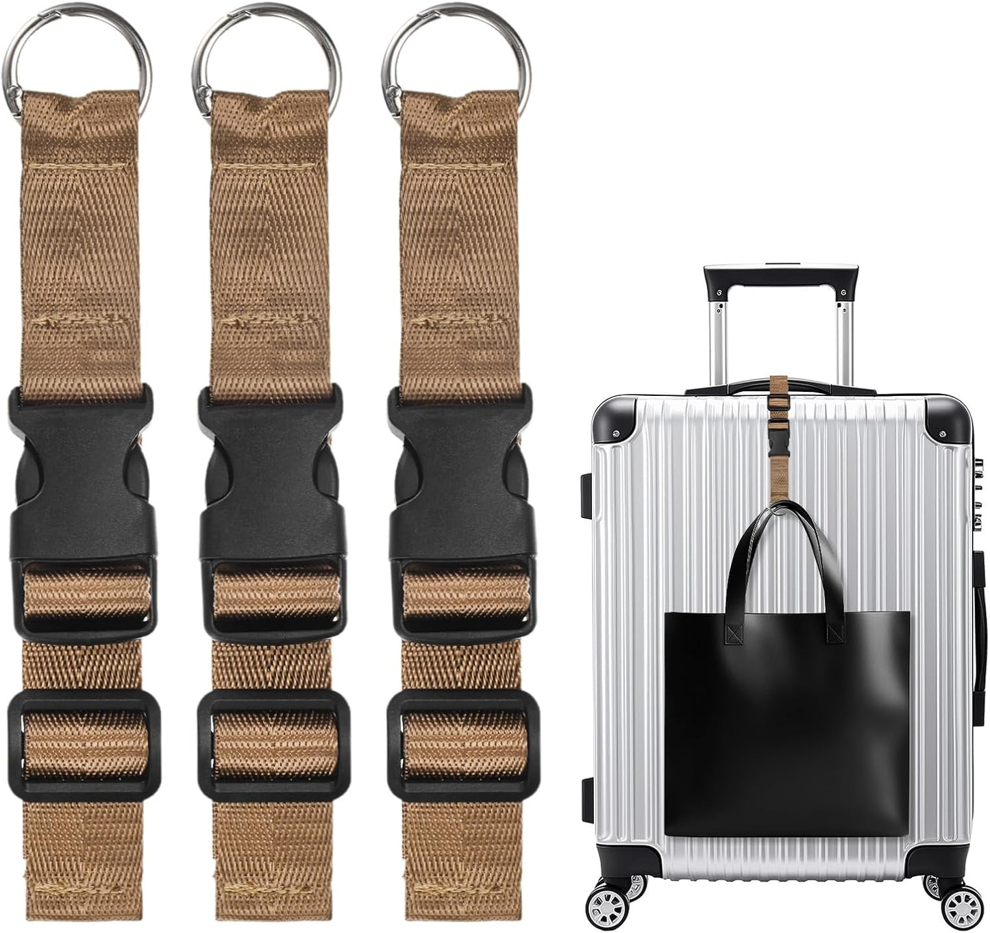 3-Pack Add A Bag Luggage Strap, Adjustable Suitcase Belt for Connecting Handbag/Backpack/Jacket, Luggage Connector [Brown]