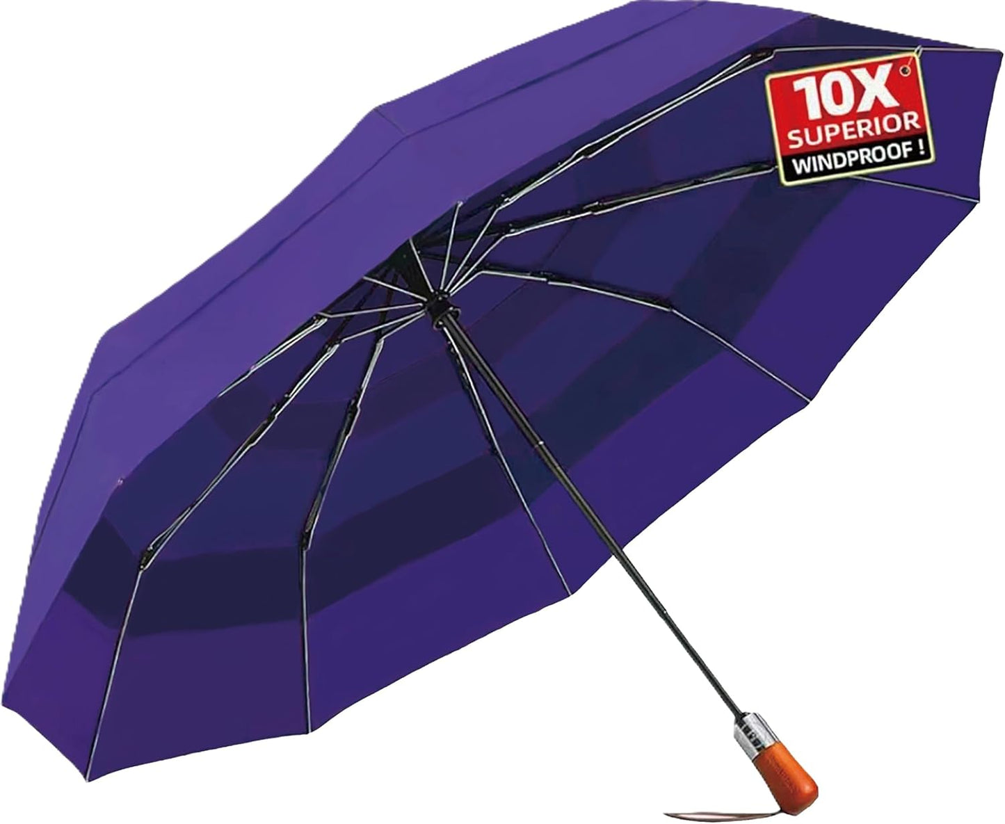 Umbrellas for Rain, Heavy-Duty Windproof Travel Umbrella — Auto Open/Close, Vented Triple-Layer Canopy, 10 Fiberglass Ribs, Folding Design, Large Coverage, Wooden Handle