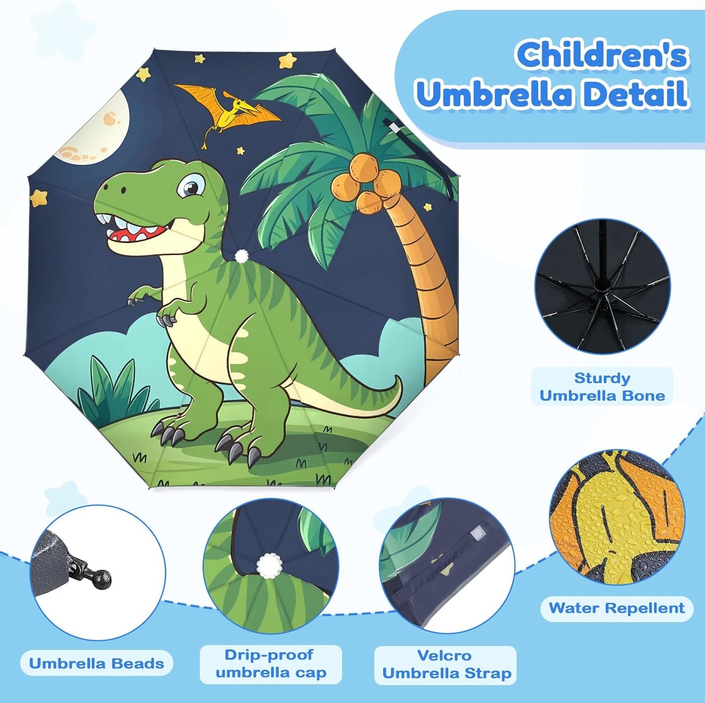 Autoamtic Kids Umbrella UV Resistant, Folding Compact Umbrella 360° Reflective Strip for Travel Outdoor, Lightweight Cute Kids Parasol Anti-rebound Safe for Toddler