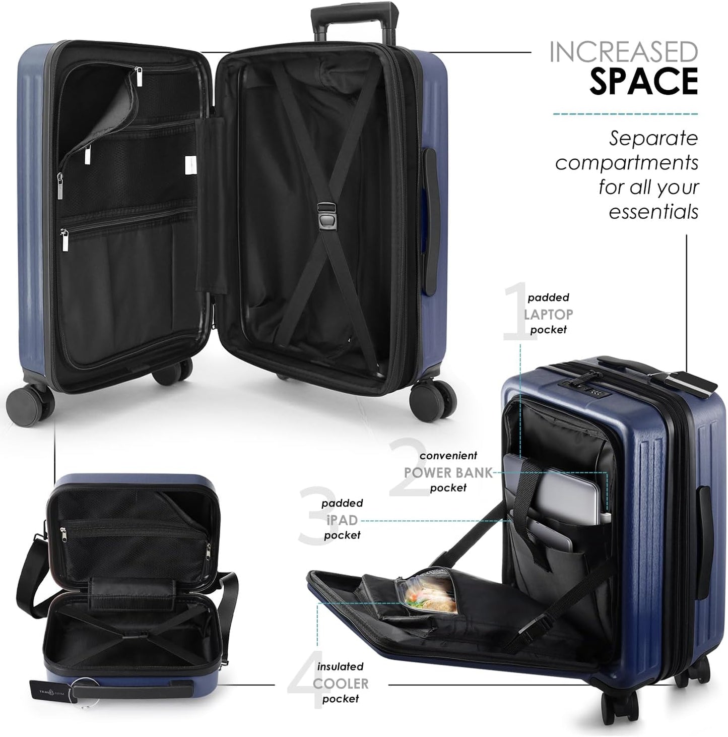 22 Inch Carry On Luggage 22x14x9 Airline Approved, Small Carry On Suitcase, Hard-shell Carry-on Luggage with Wheels, Durable Navy Luggage Carry-On with Cosmetic Case and Luggage Scale