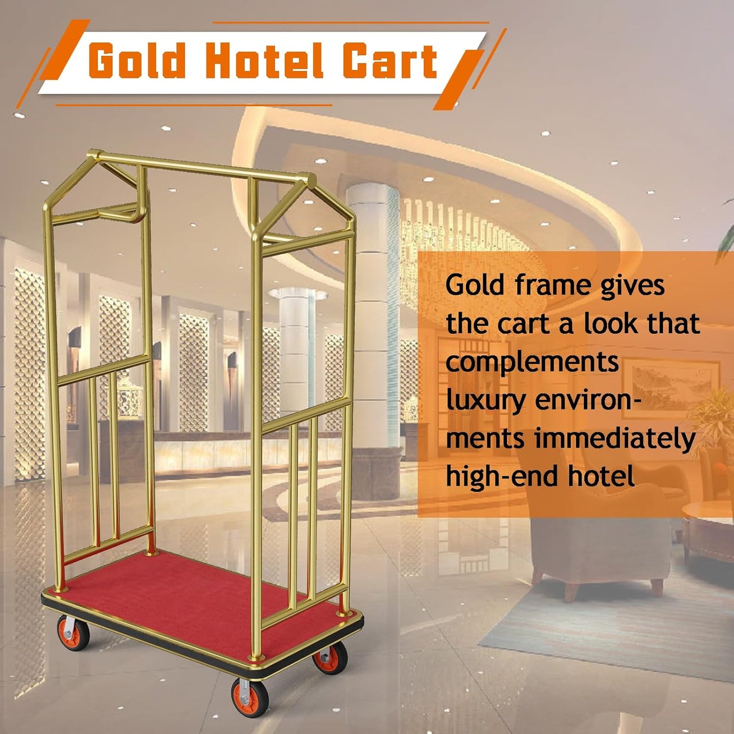Gold Hotel Luggage Cart,42"x24" Bellman Cart with Baffle Guardrail and 6In Caster Weight Capacity Up to 850LBS Provide Convenience to Guest Gold Finished Hotel Cart Add Elegance to Hotel&Resort