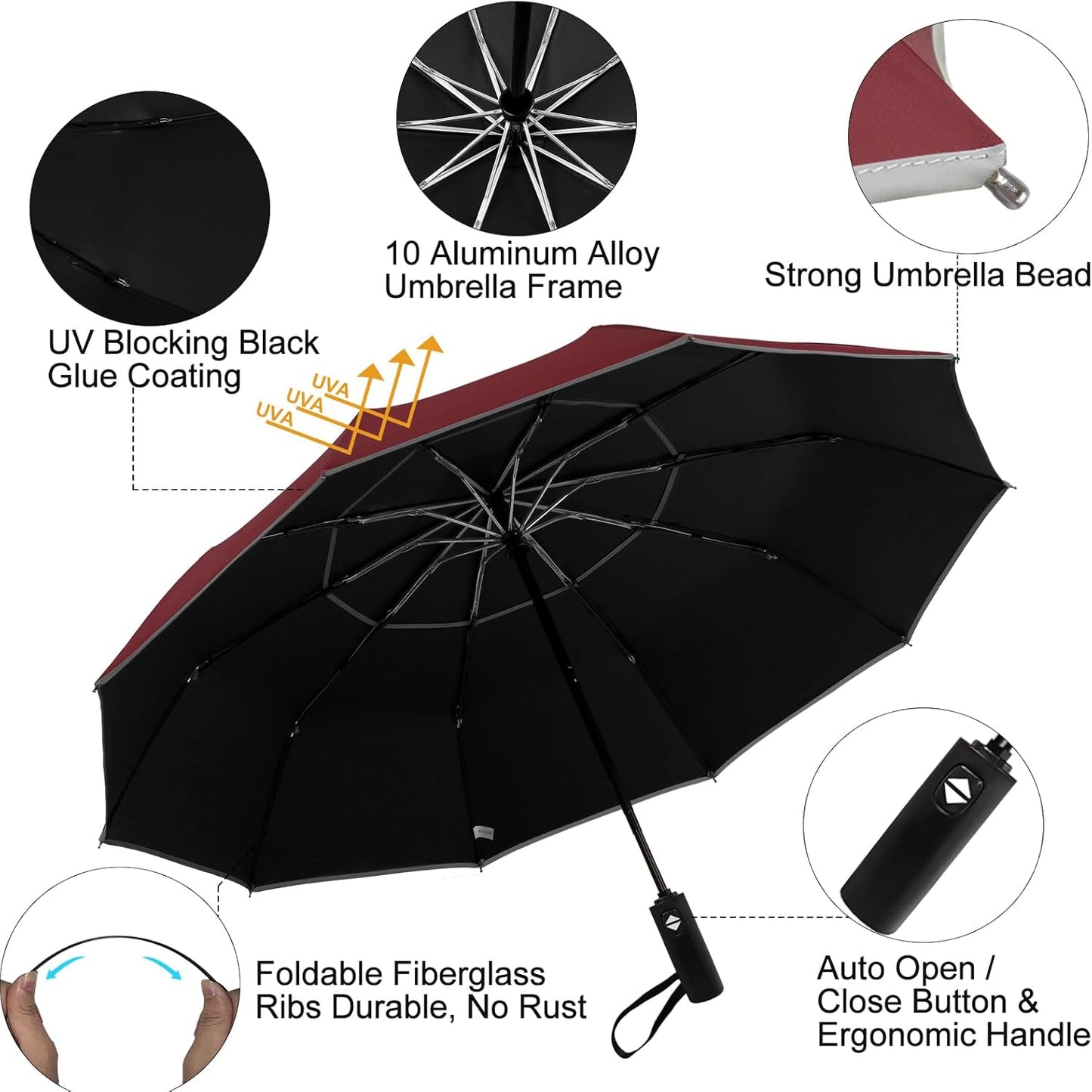 Satol Extra Large Golf Umbrella, 46/54/62 Inch Windproof 10 Ribs Vented Double Canopy Reflective Strips Automatic Open/Close Waterproof UV Protection Portable Compact Umbrella for Outdoor & Travel