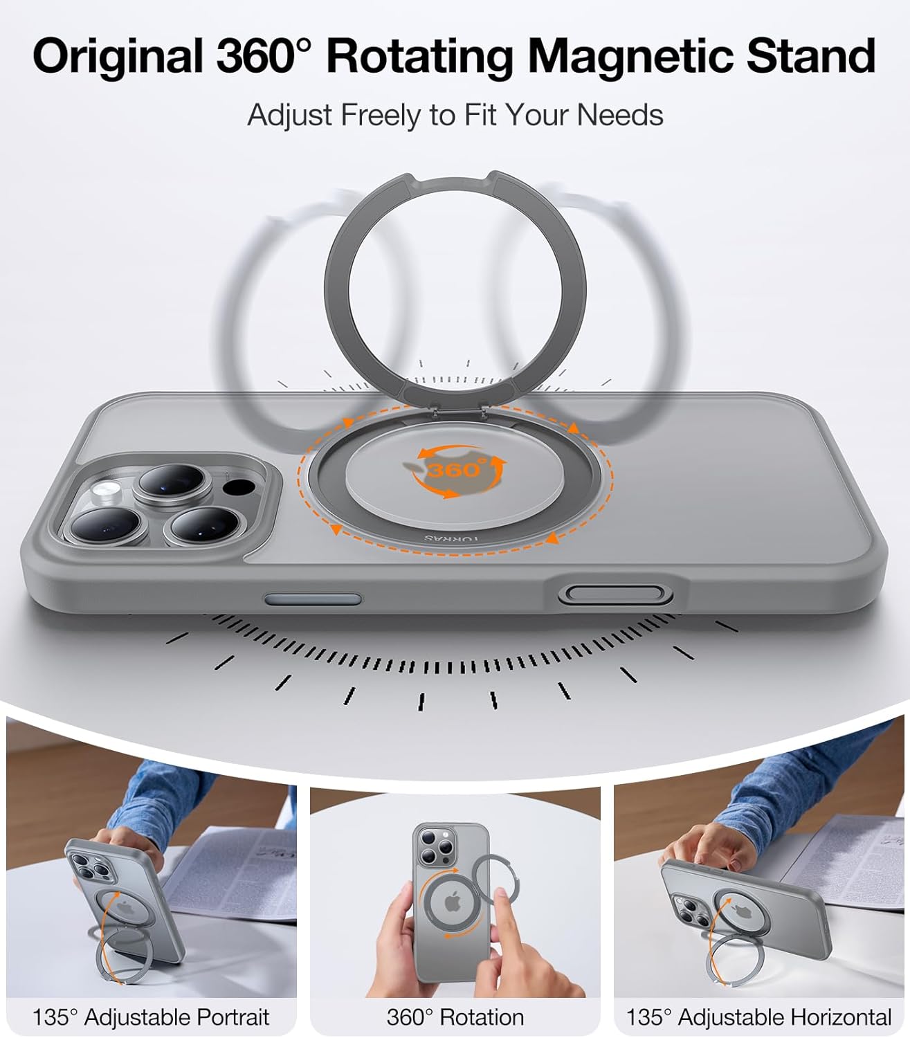 TORRAS 360 Rotatable Magnetic Ring Only for iPhone 16 Pro Max Case, Fit for MagSafe with Stand Ring Holder, 16FT Mil-Grade Shockproof Translucent for iPhone 16 Pro Max PC&TPU Case Ostand, Grey