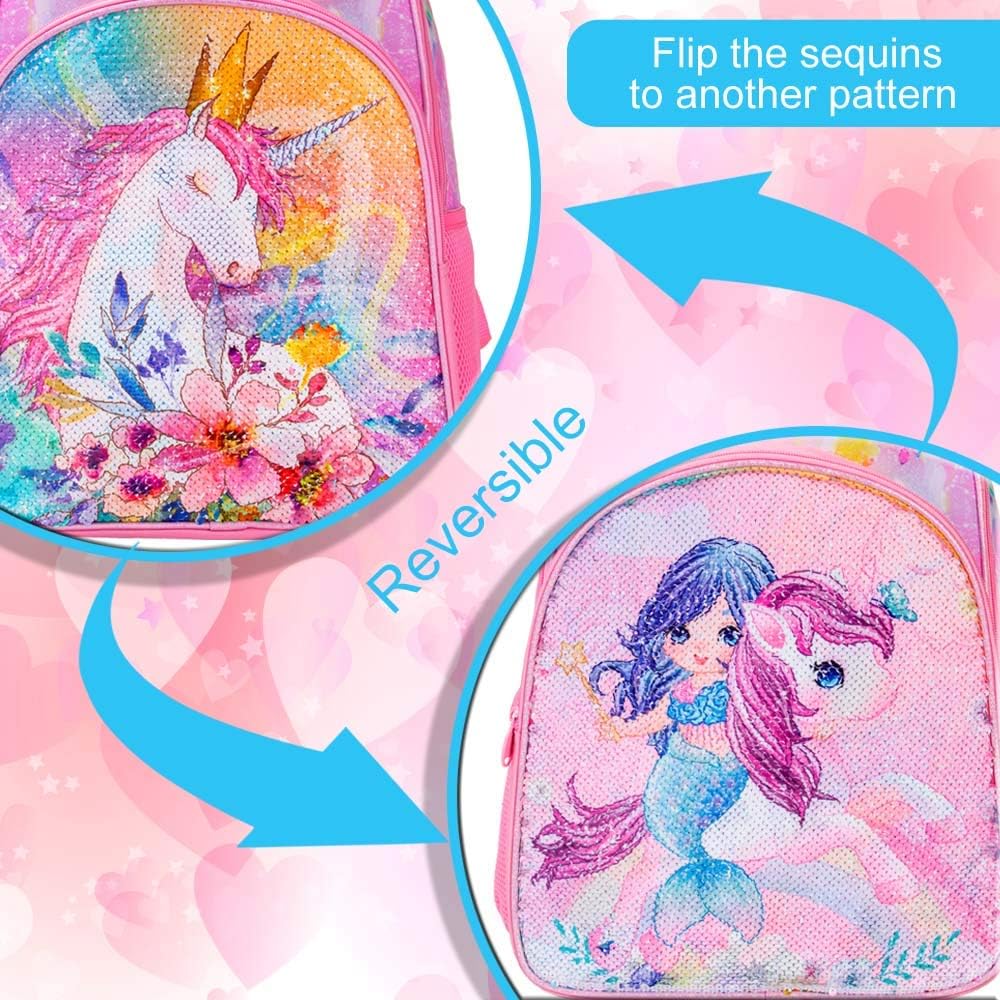 CCJPX 3PCS Unicorn Backpack for Girls, 16”Kids Preschool Sequin Bookbag and Lunch Box for