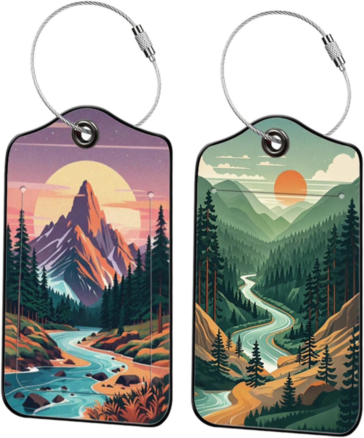 2 Pack Mountain Leather Luggage Tags for Suitcases, Travel Bag Tags with Privacy Cover ID Label with Stainless Steel Loop for Women Men Girls Backpack Gift (Green Purple)