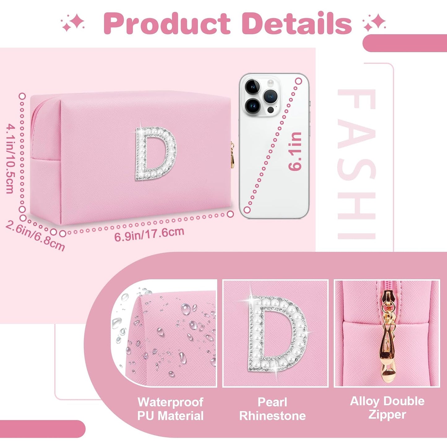 ChaoGreat Bride Gifts – Personalized Initial Makeup Bag with Pearl Rhinestone Patch, Preppy Pink