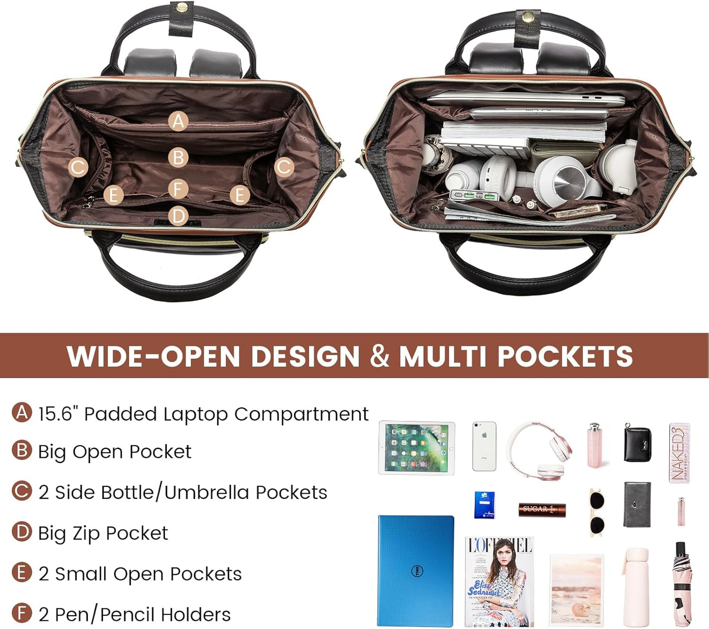 LOVEVOOK Leather Backpack for Women,15.6 inch Leather Laptop Backpacks Women,Professional Work Backpacks Nurse College Teacher Bag,Womens Laptop Computer Travel Tote Backpack Purse Daypack,Brown-Black