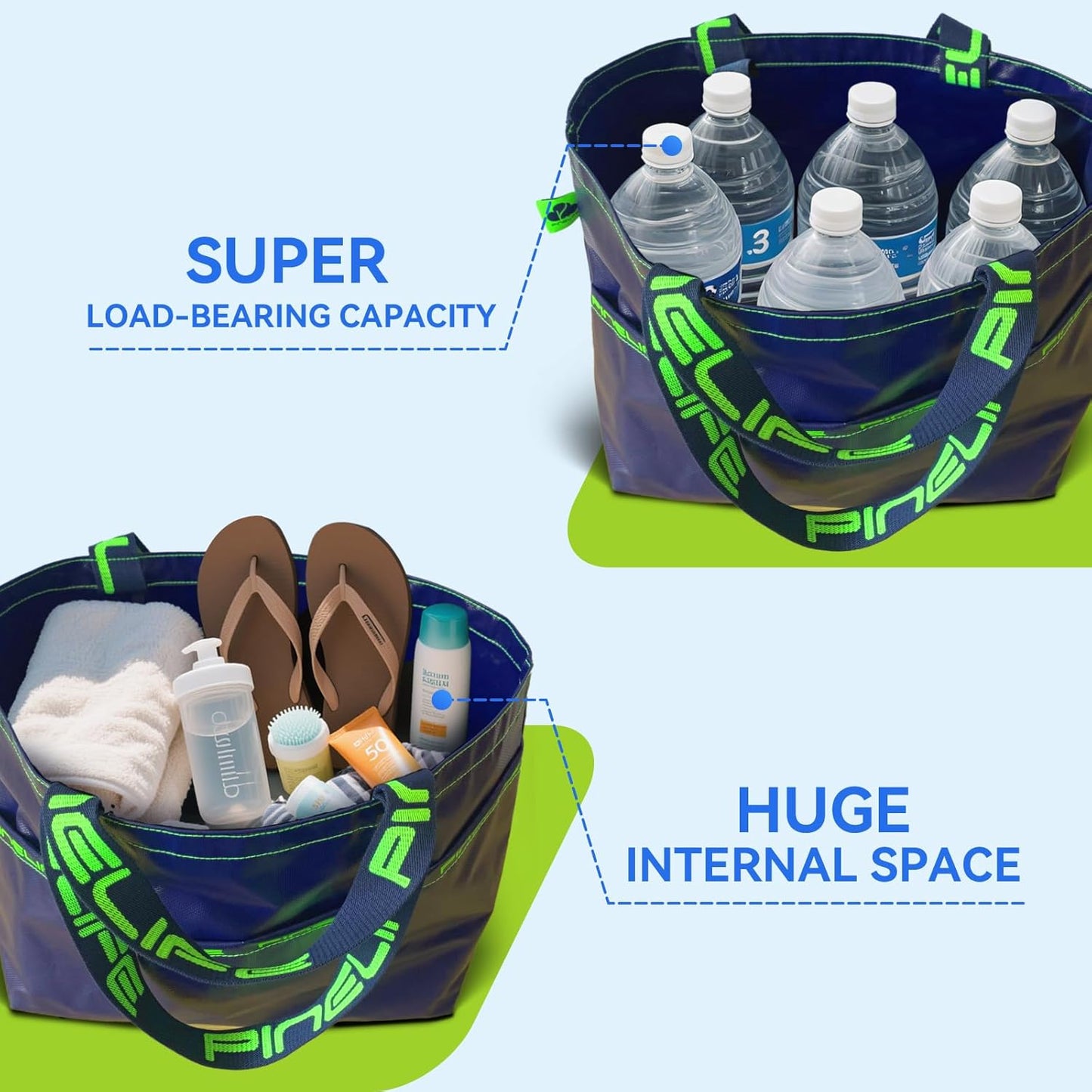 Extra Large Tote Bag Foldable Waterproof Summer Beach Bag for Women Men, Dual Handles, for Swim Gym Camping Shopping