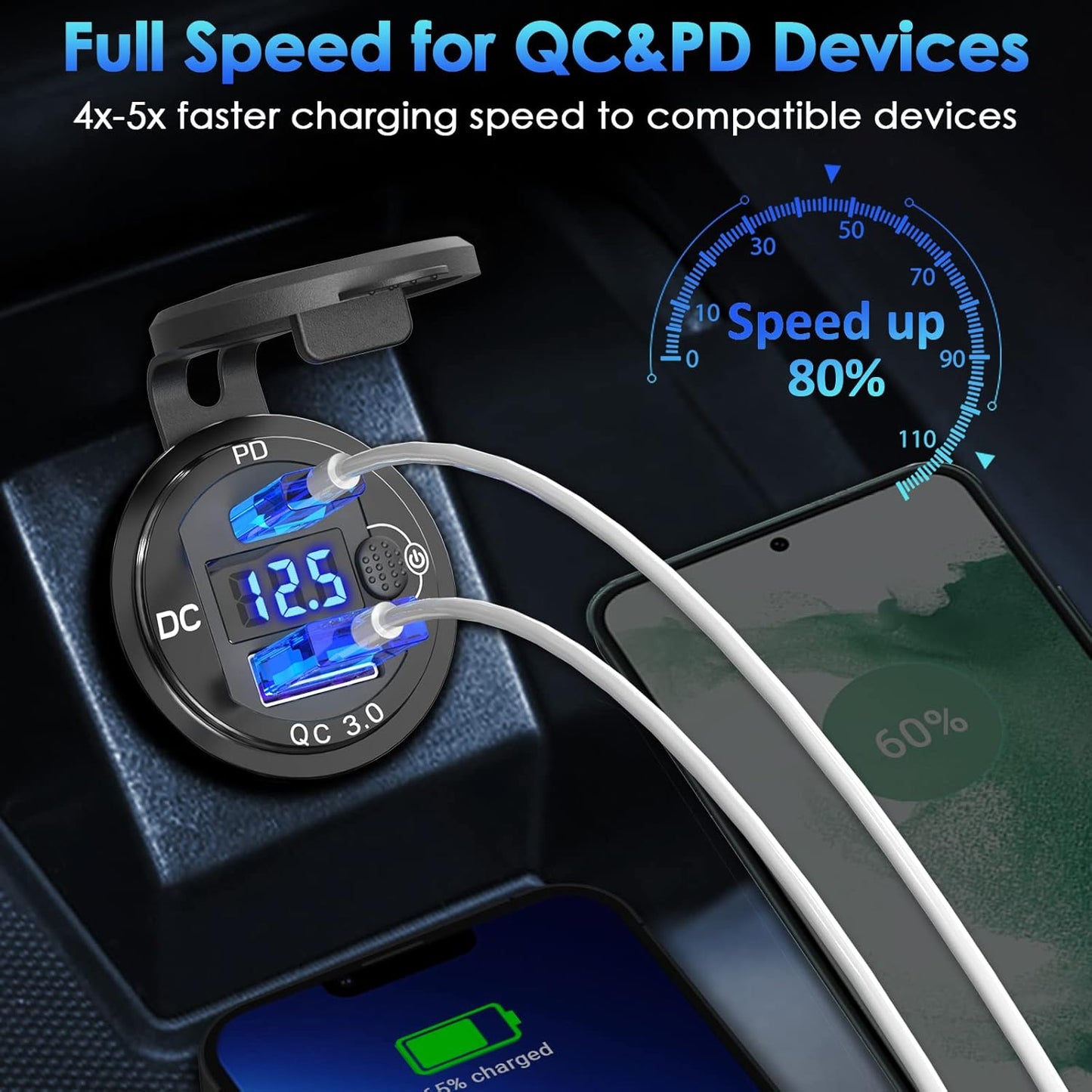PD 20W USB-C and 18W QC3.0 USB Port Aluminum 12V Charger Socket with Power Switch Voltmeter for Car, Boat, Marine, Bus, Truck, Golf Cart, RV, Motorcycle