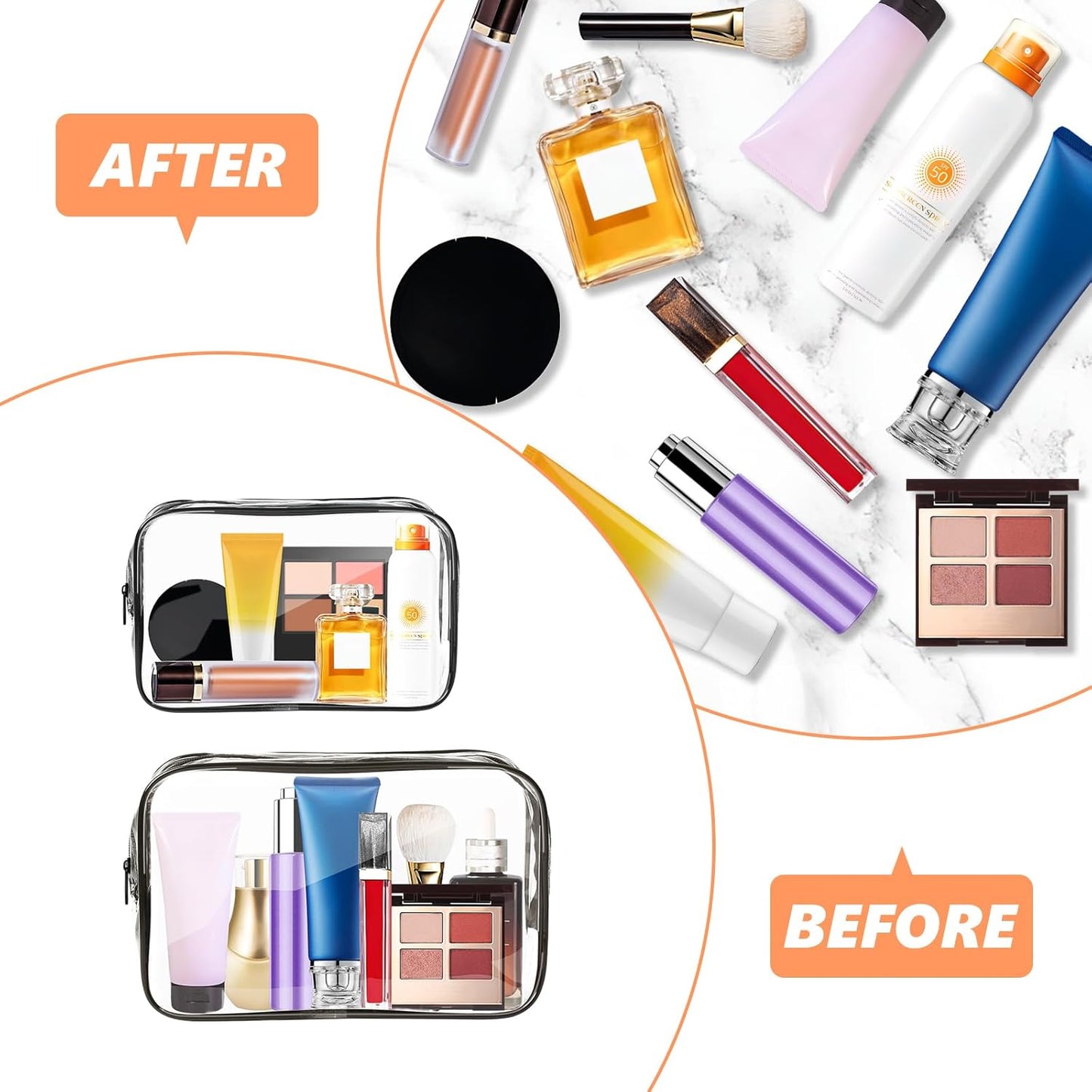 AURUZA Clear Makeup Bag,Portable Travel Toiletry Bags with Zipper, TSA Approved Clear Organizer Bags, PVC Cosmetic Pouch for Airport Airline Compliant