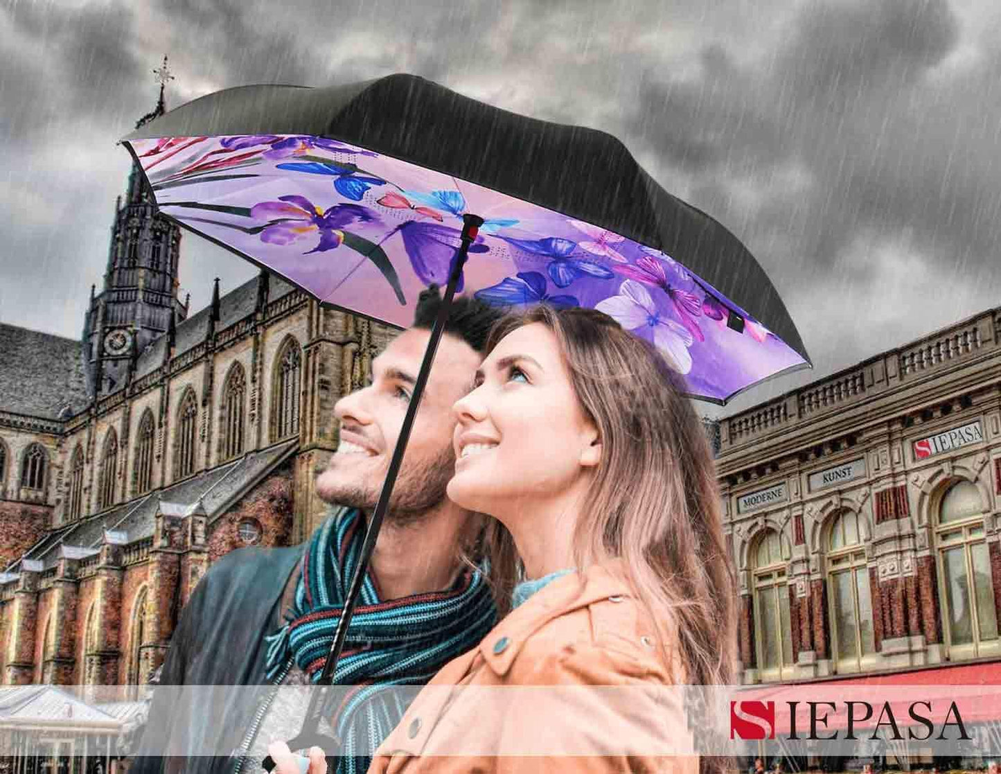 SIEPASA 49/56 Inch Inverted Reverse Upside Down Umbrella, Extra Large Double Canopy Vented Windproof Waterproof Stick Golf Umbrellas with C-shape Handle.