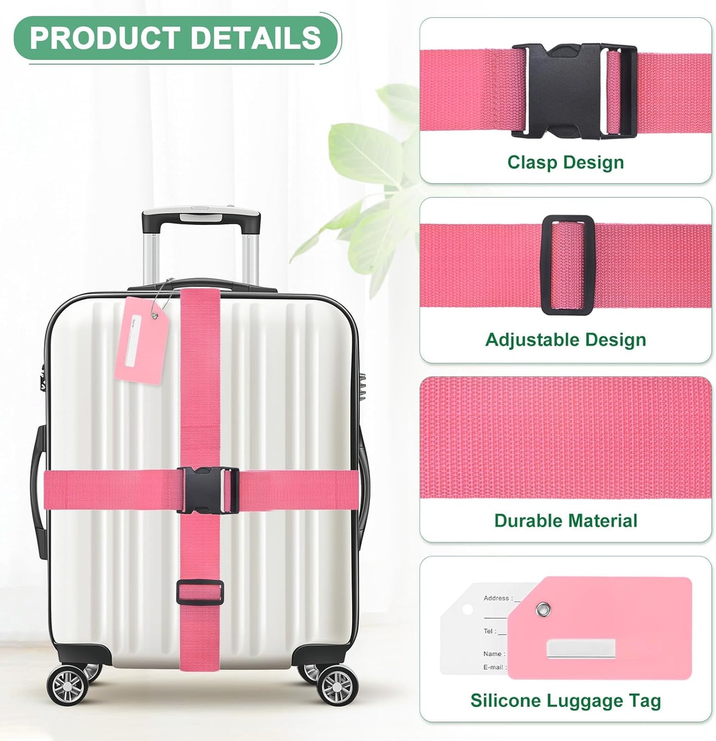 4-Sets Luggage Straps TSA Approved, Travel Straps for Luggage Suitcase Tags Set, Adjustable Suitcase Belt [Pink]