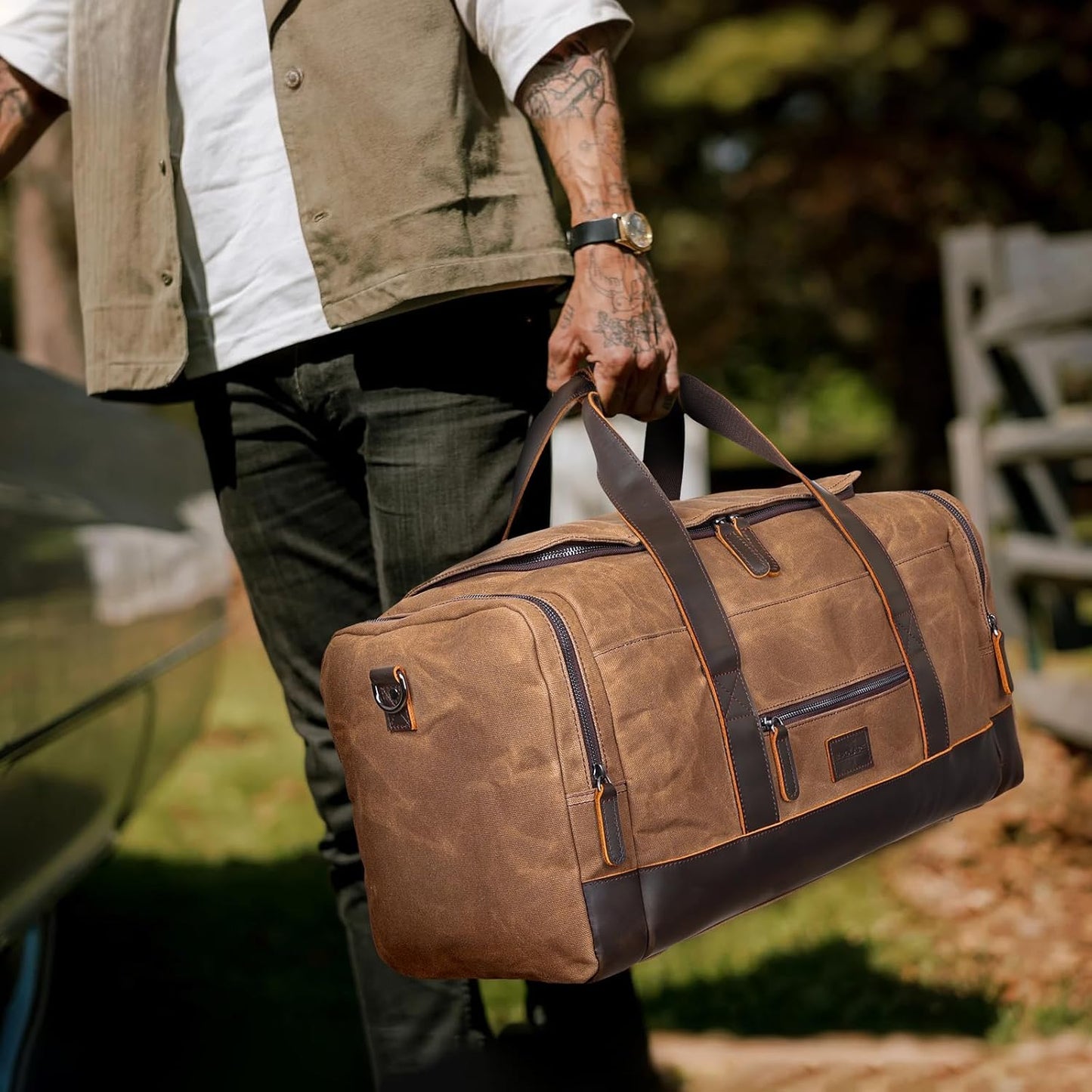 Polare 23" Waxed Canvas Cowhide Leather Travel Duffle Bag 42L Duffel Bag Waterproof Overnight Carry on Luggage Sport Weekender Bag For Men (Brown-23")