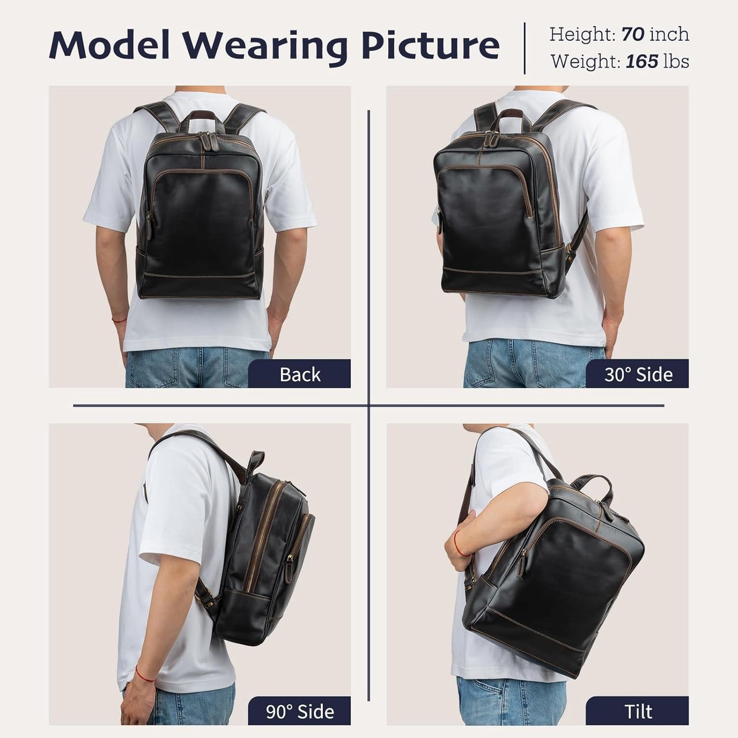 Leather Backpack for Men 15.6" Laptop Backpack 100% Madagascar top-Grain Leather Backpack Black