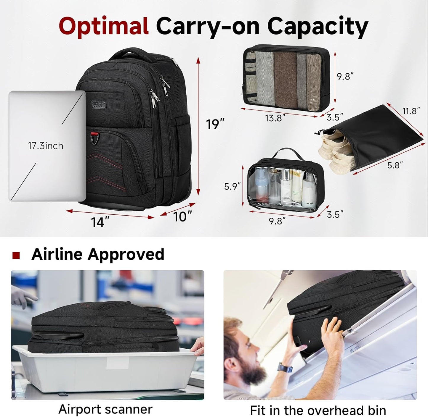 Rolling Backpack for Women Adults with wheels, 17.3 Inch Laptop Backpack Bag with Wheels for Travel Work Business (1Pc Black Backpack with 3 Packing Cubes)