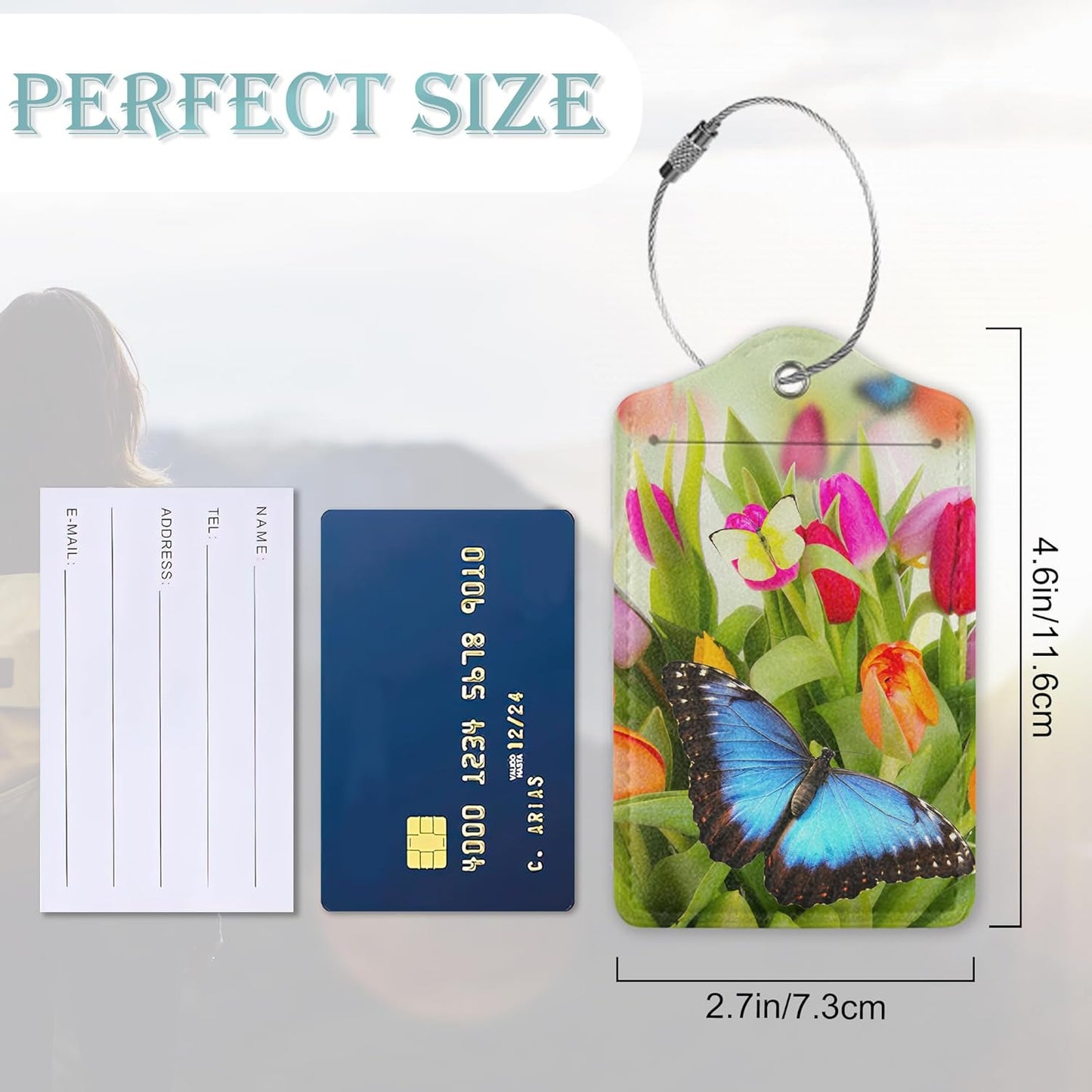 Blue Butterfly Luggage Tag,Tulip Flowers Luggage Tags of Set 2 Leather Identifiers Privacy Cover with Stainless Steel Loop for Women Men Travel Bag Suitcase