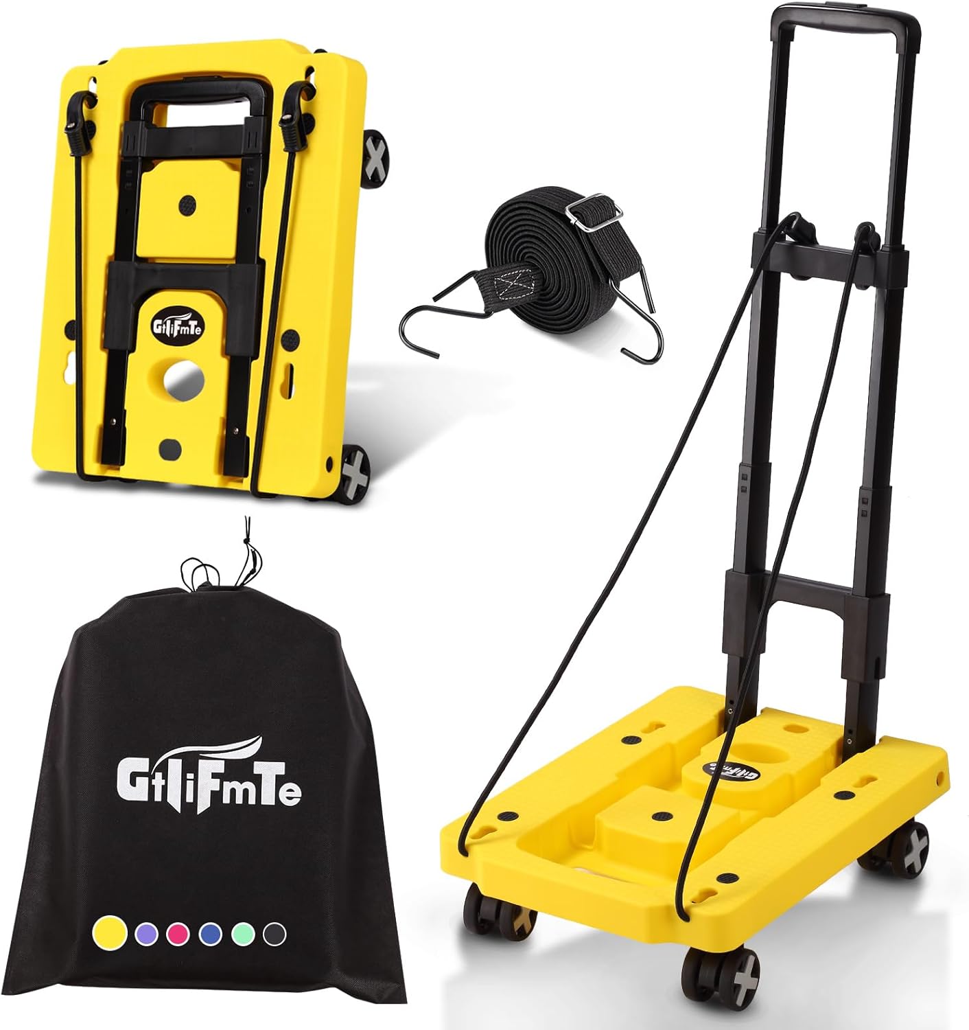 Folding Hand Truck Lightweight Hand Truck Dolly Foldable,Luggage cart with 4 Rotate Wheels, Utility Cart with Adjustable Handle,Collapsible Dolly for Moving -Yellow
