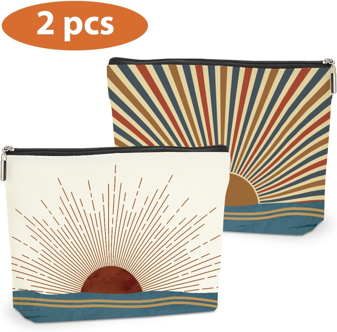 2PCS Boho Makeup Bag, Boho Gifts for Women, Sunlight Rays Natural Linen Zipper Pouch Best Gifts for Girls Sister Travel Sunshine Cosmetic Bag