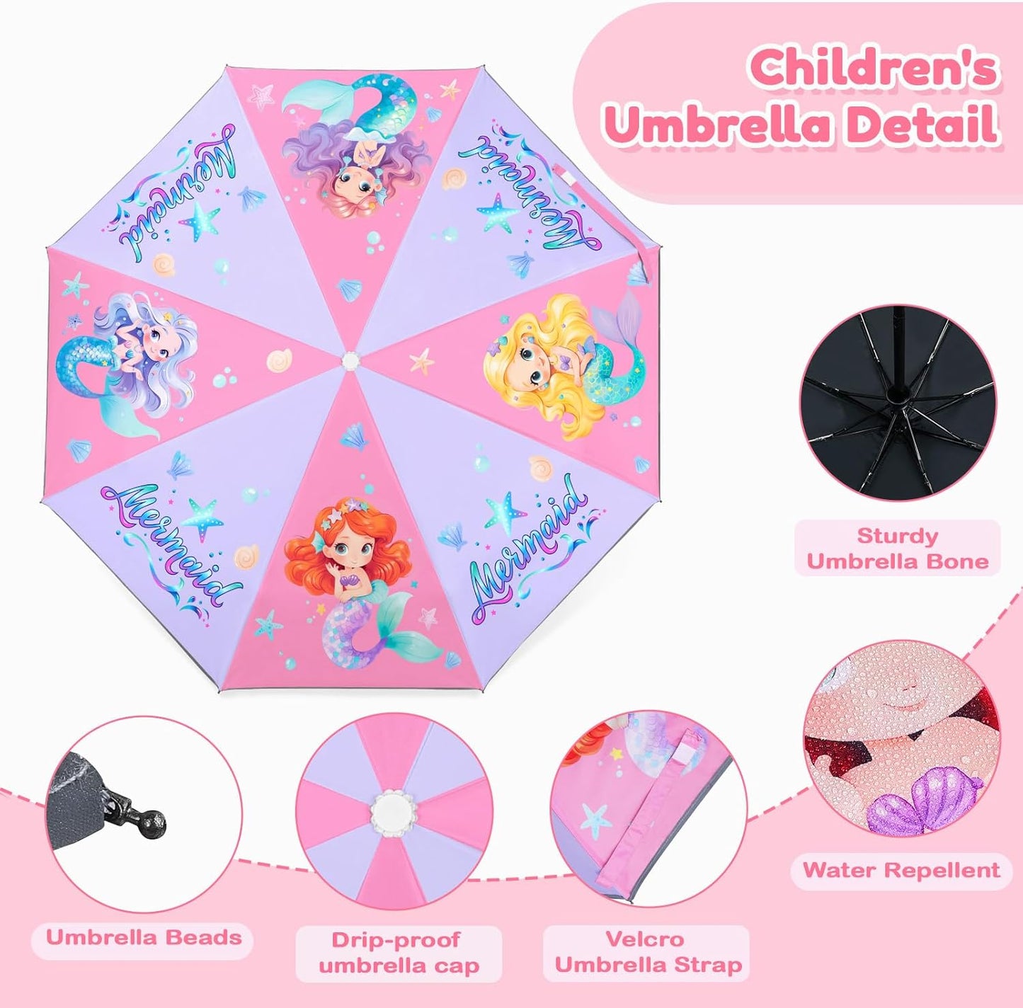 Autoamtic Kids Umbrella UV Resistant, Folding Compact Umbrella 360° Reflective Strip for Travel Outdoor, Lightweight Cute Kids Parasol Anti-rebound Safe for Toddler