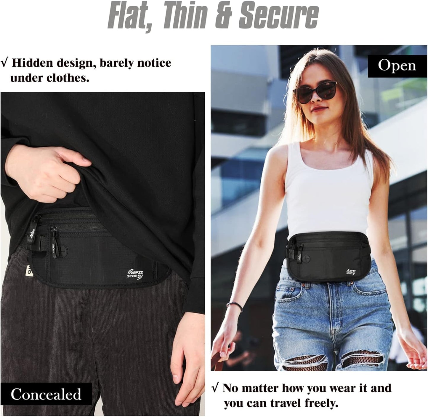MoKo Secure Travel Money Belt, Undercover Hidden RFID Blocking Travel Wallet, Anti-Theft Passport Wallets for Men Women
