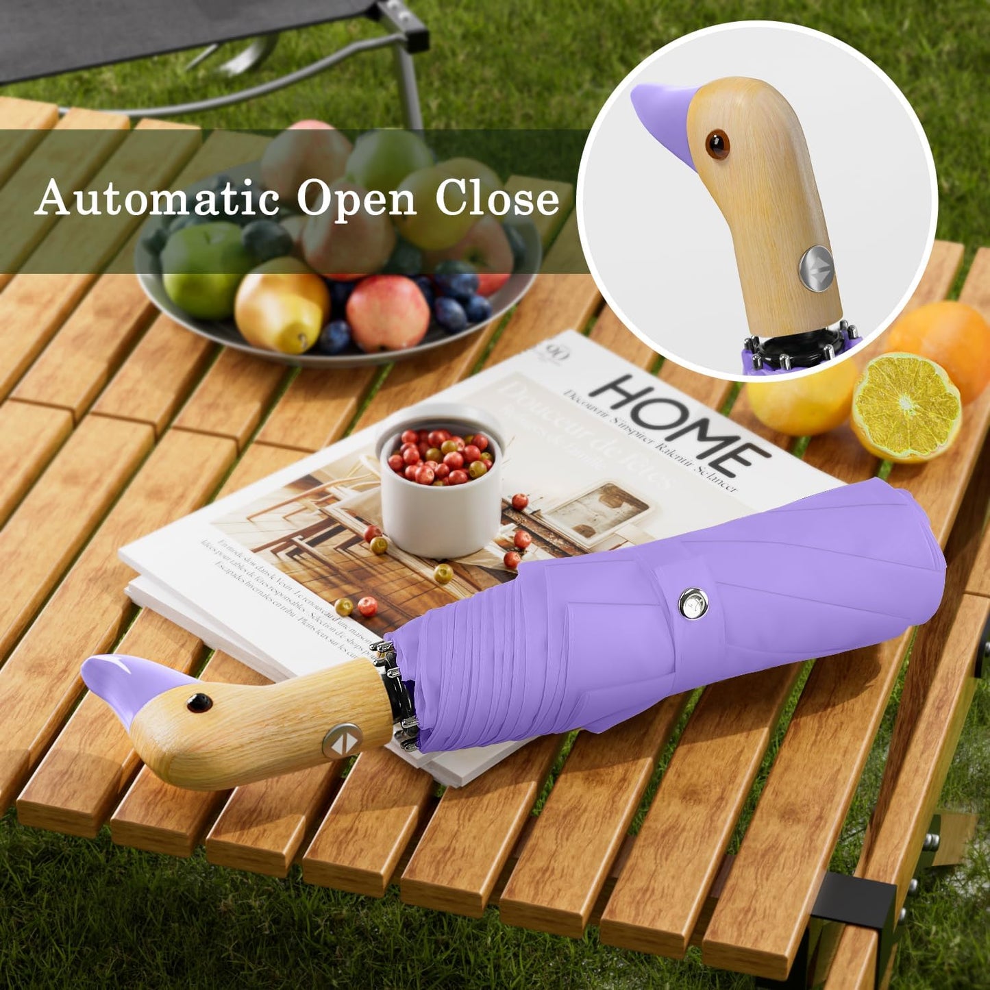 Cute Duck Umbrella Automatic - Compact Pretty Pocket Size Strong Duck Collapsible Umbrella Yellow Wooden Handle for Women