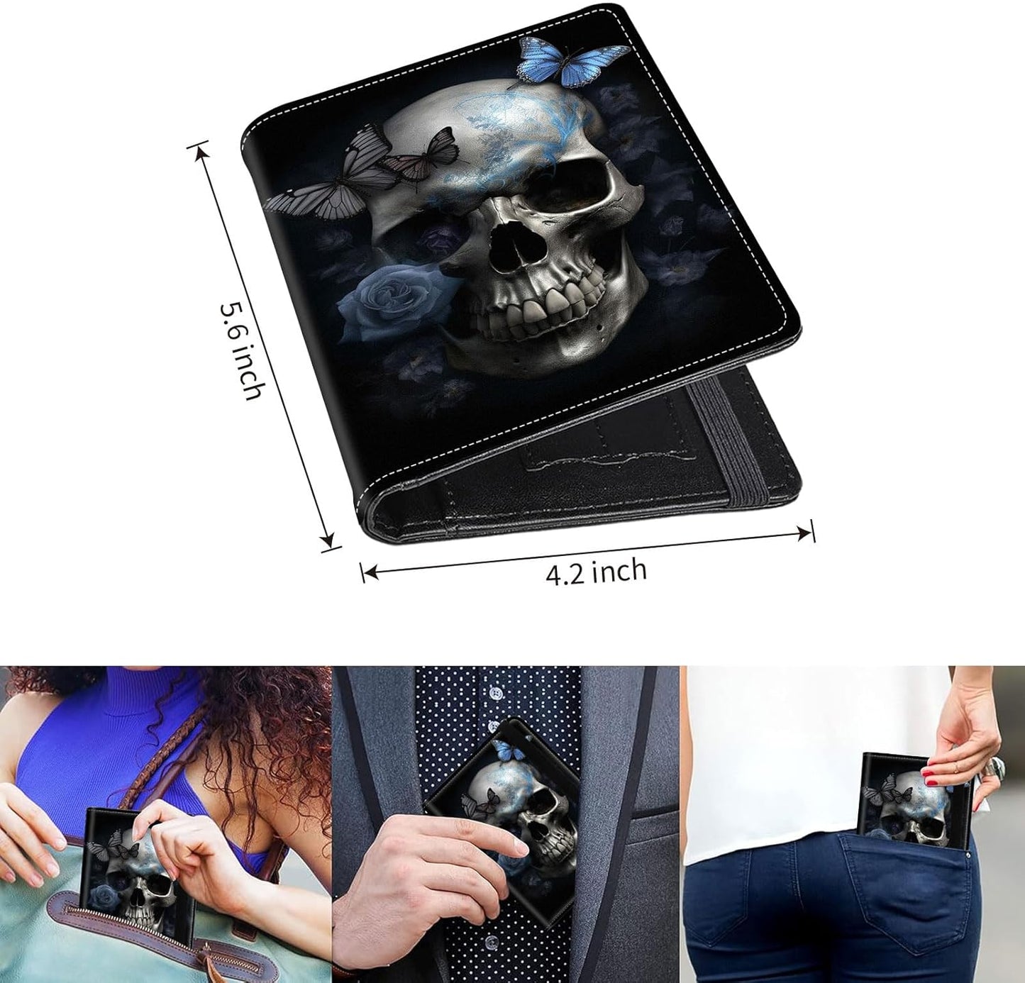 Passport Holder Cover Wallet Travel Essentials RFID Blocking Case Leather Passport Cover Wallet Vaccine Card Slot Organizer for Men Women, Skull Butterfly