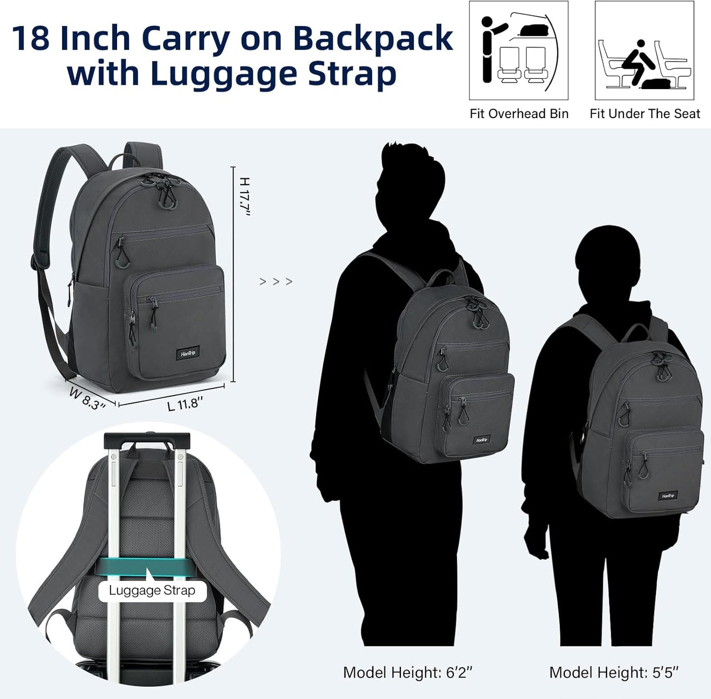 Carry On Travel Backpack For Women, 18 Inch Water Resistant Large Backpack Lightweight Bookbag For Men, 8x14x18 Personal Item Bag Casual Daypack Backpacks For Work Office Commuter (Dark Gray)