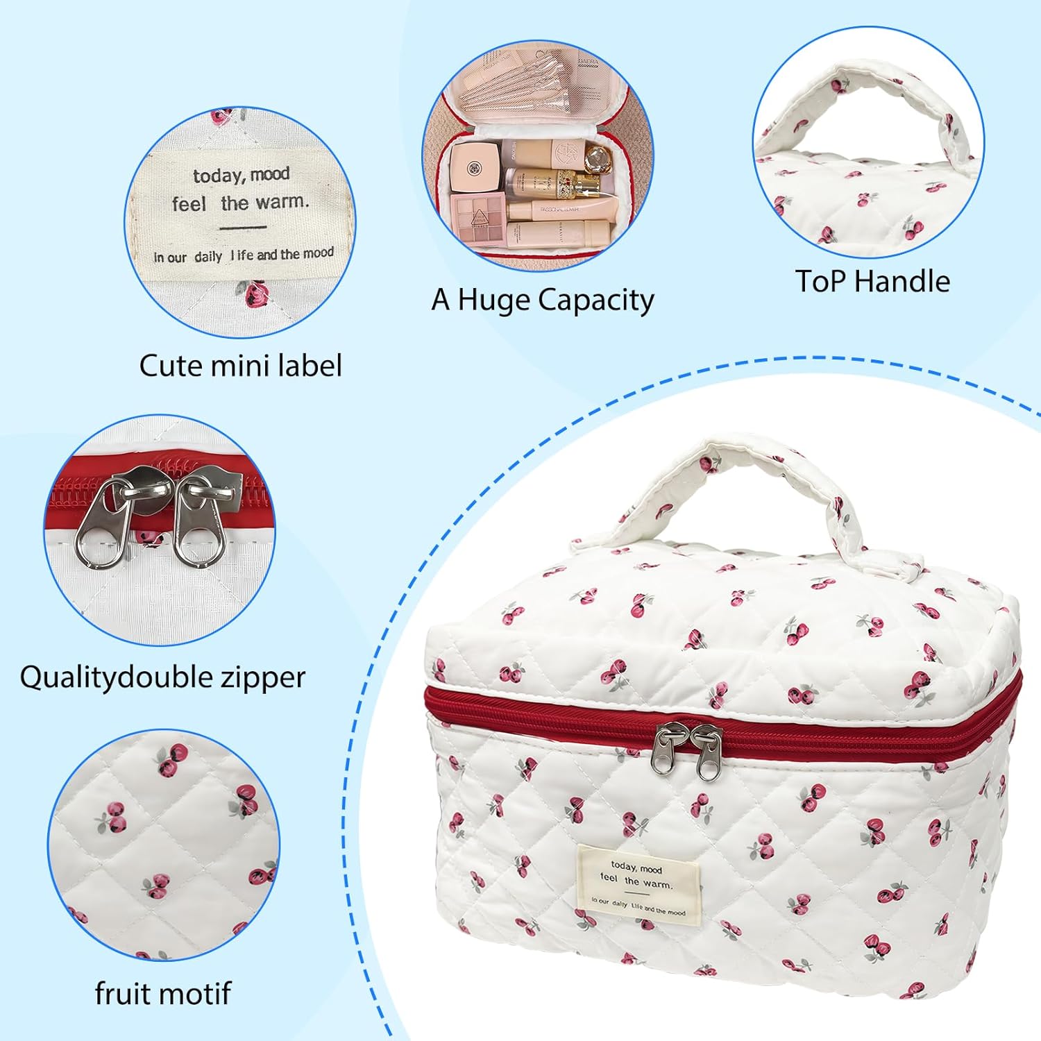 Quilted Makeup Bag, Large Capacity Travel Cosmetic Bag for Women and Girls, Aesthetic Storage for
