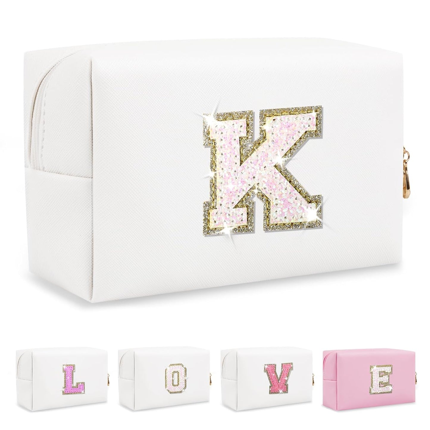 Small Initial Patch Makeup Bag Personalized Gifts Make Up Bag,White Cute PU Leather Glitter Letter Cosmetic Bag with Zipper,Trendy Portable Travel Toiletry Pouch,Preppy Stuff for Teen Girls Women K