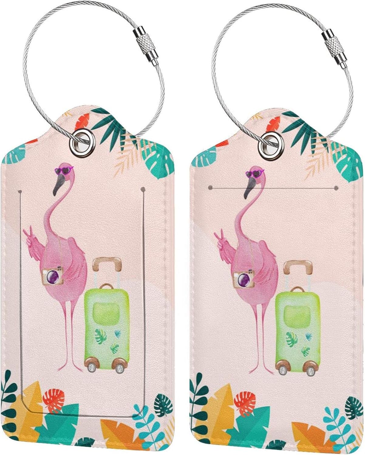 Flamingo 2 Pcs Luggage Tags, Privacy Cover Id Label with Stainless Steel Loop and Address Card for Suitcases & Travel Bags