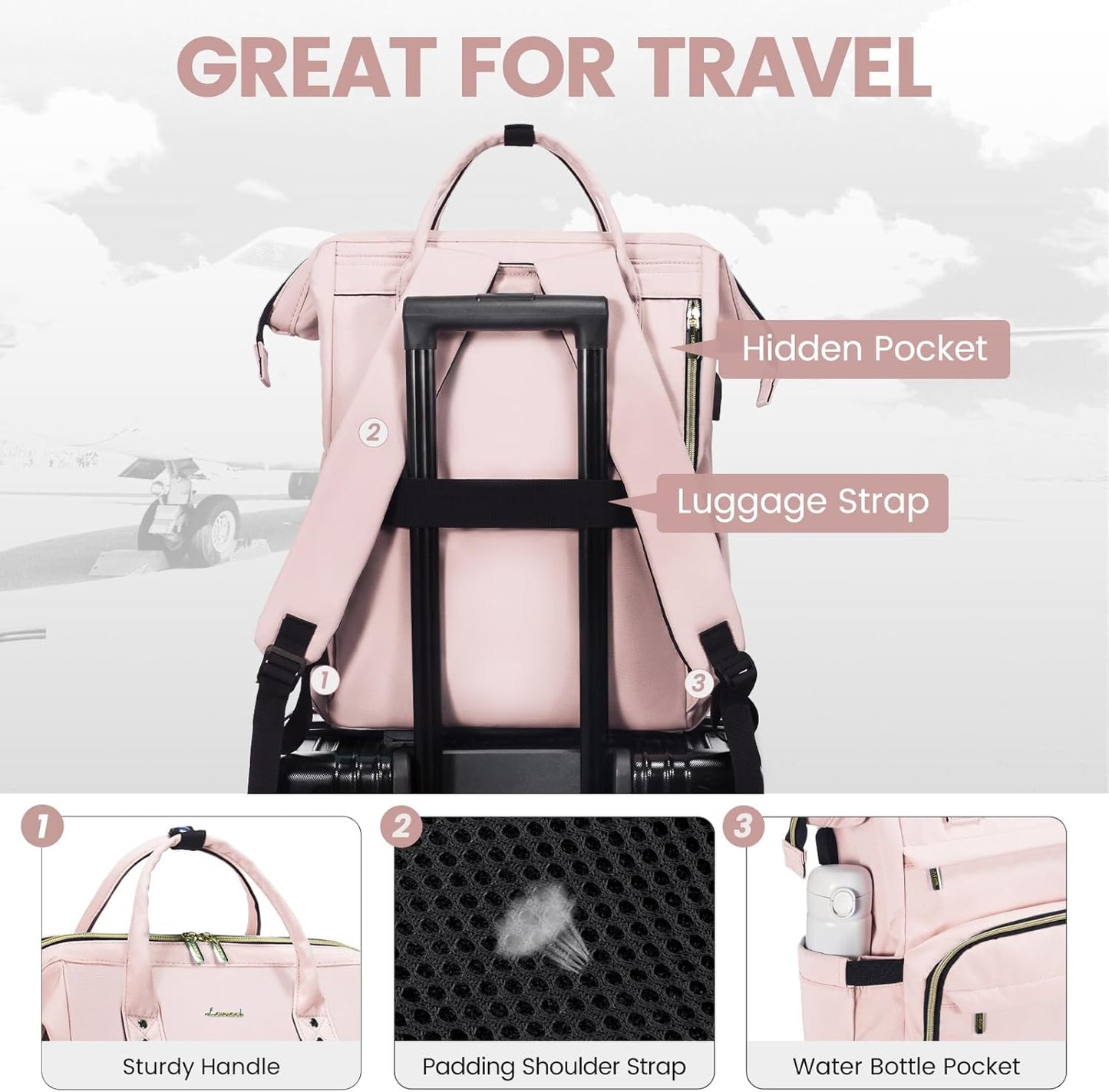 LOVEVOOK Laptop Backpack for Women,18 Inch Professional Womens Travel Backpack Purse Computer Laptop Bag Nurse Teacher Backpack,Waterproof College Work Bags Carry on Back Pack with USB Port, Pink