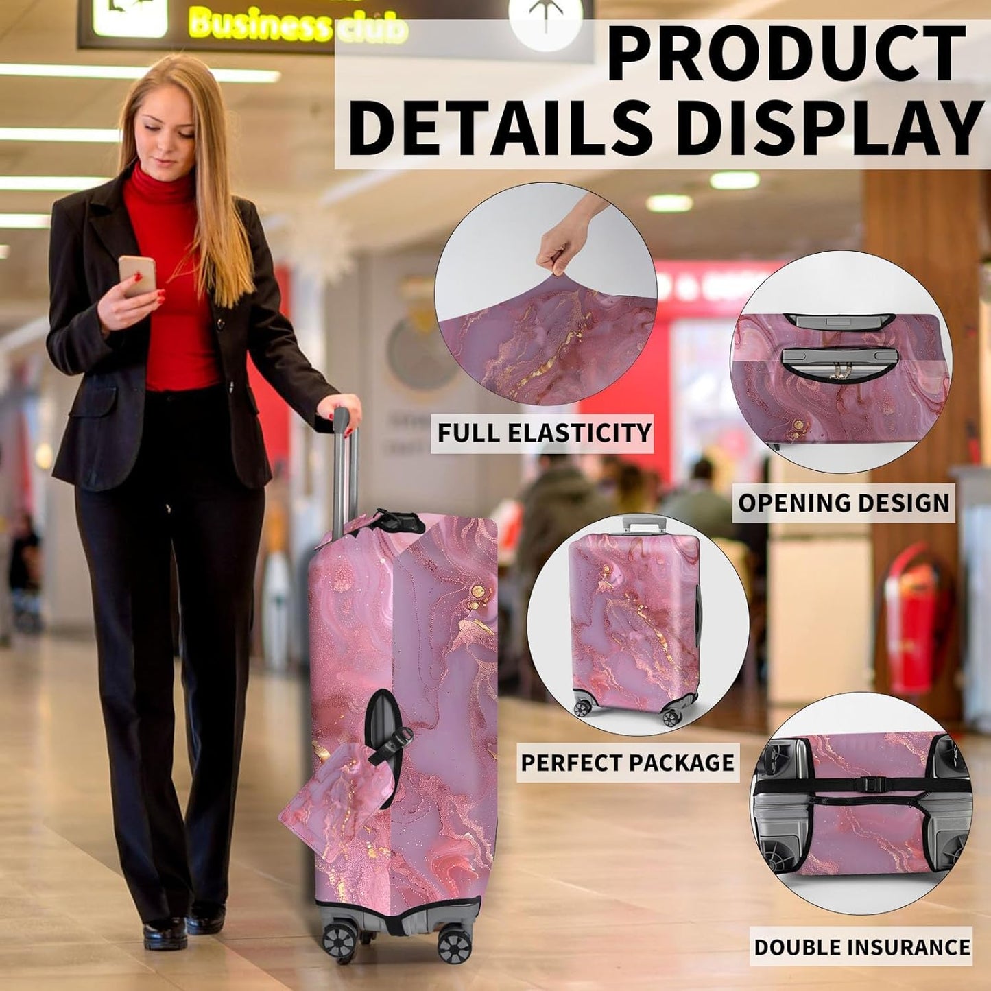 Travel Luggage Cover,Pink Gilt MarbleTheme Suitcase Cover Accessory Kit, Luggage Tag, and Comfortable Luggage Handle Wrap, Washable Luggage Suitcase Protector (25-28 inch,L)