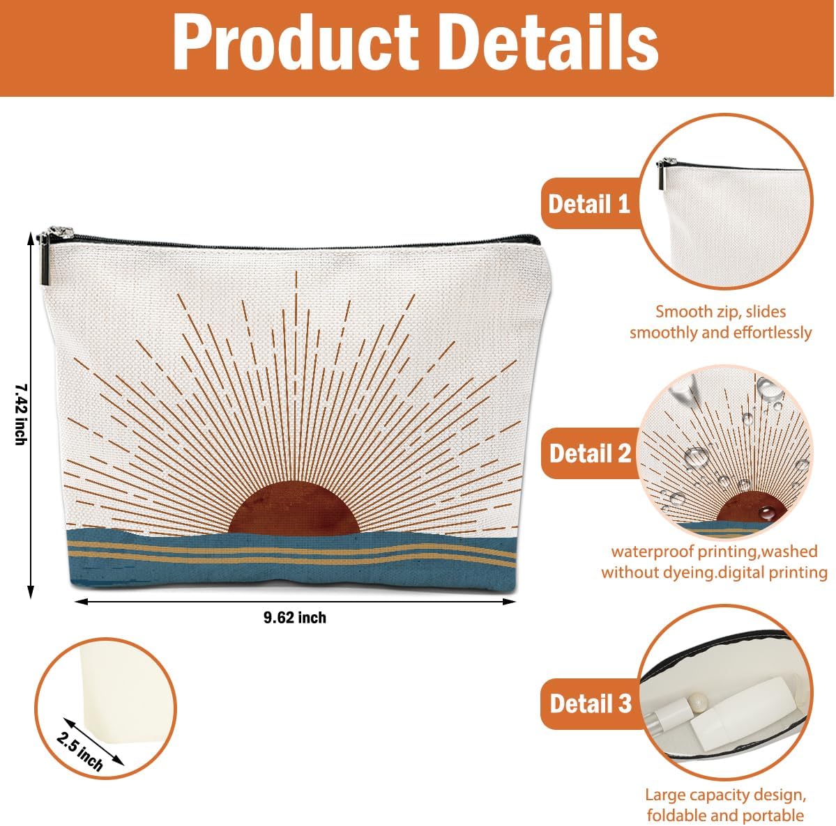 2PCS Boho Makeup Bag, Boho Gifts for Women, Sunlight Rays Natural Linen Zipper Pouch Best Gifts for Girls Sister Travel Sunshine Cosmetic Bag