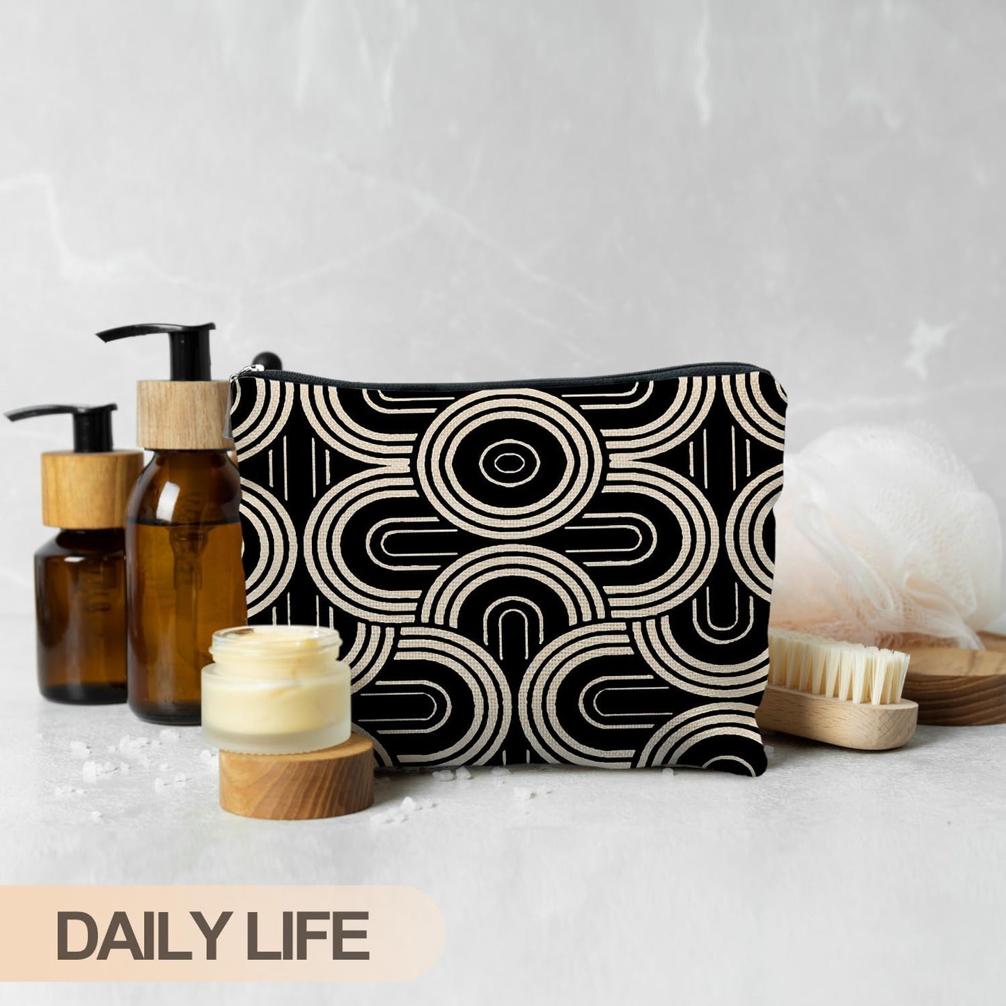 Abstract Beige and Black Makeup Bag, Modern Minimalist Art Deco Cosmetic Bags for Women, Mid Century Modern Zipper Makeup Pouch