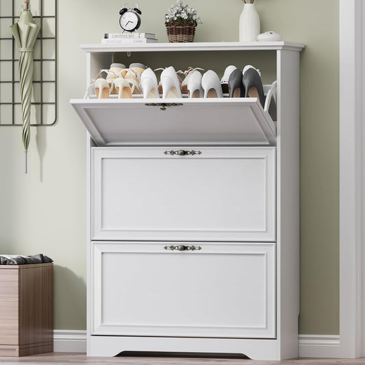 3 Flips Shoe Cabinet for Entryway, Narrow Shoe Storage Cabinet with Adjustable Shelves, Wooden Space-Saving Organizer and Rack for Foyer, Closet, Hallway